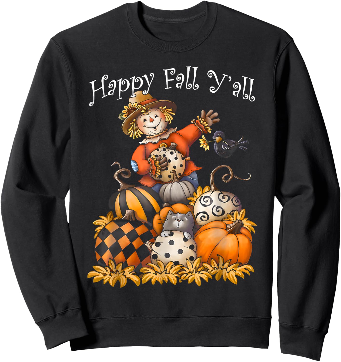 Scarecrow Happy Fall Y'all Pumpkin Thanksgiving Halloween Sweatshirt - Sweatshirt | Black