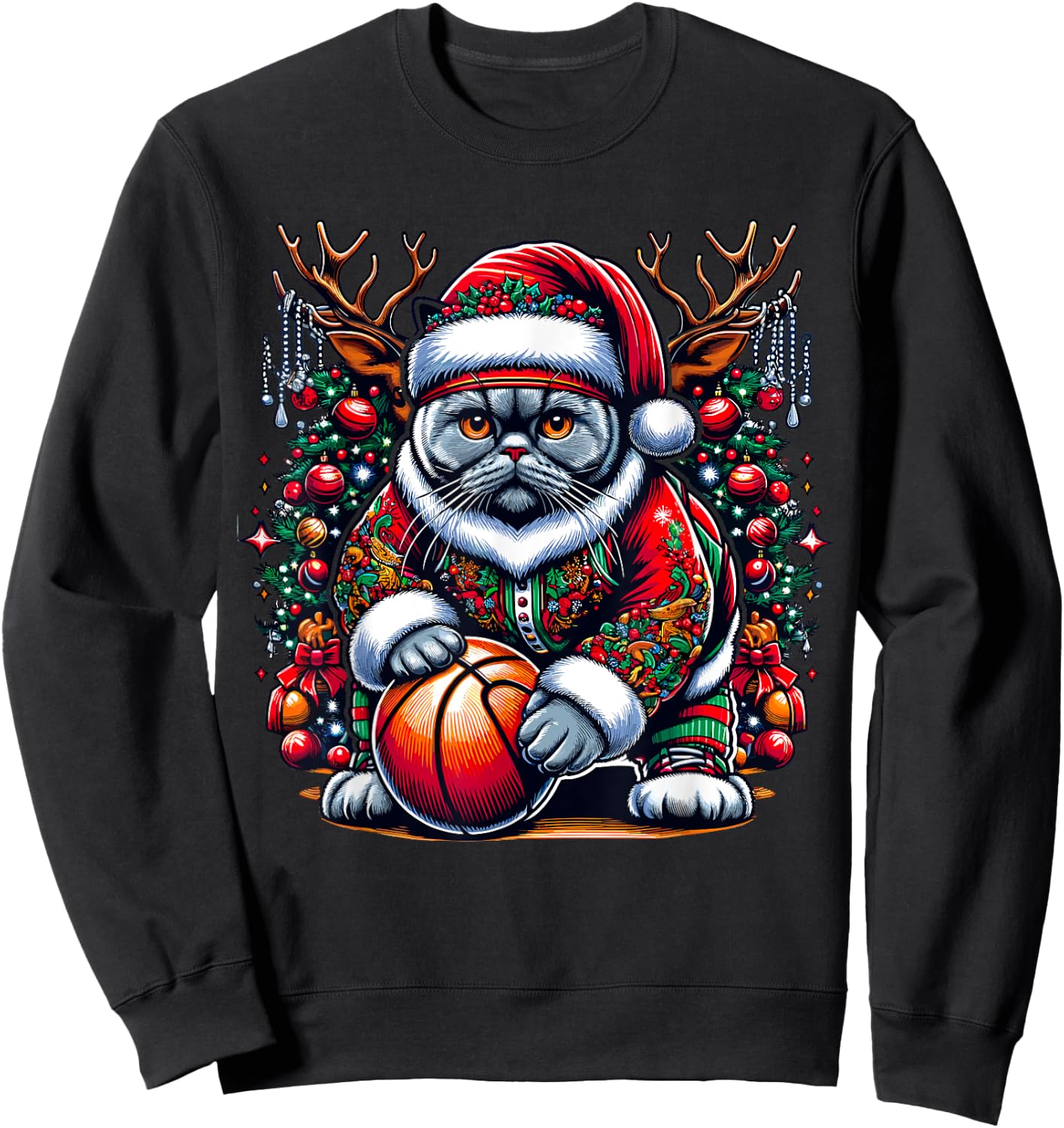 Funny Santa British Shorthair Cat Play Basketball Christmas Sweatshirt - Sweatshirt | Black