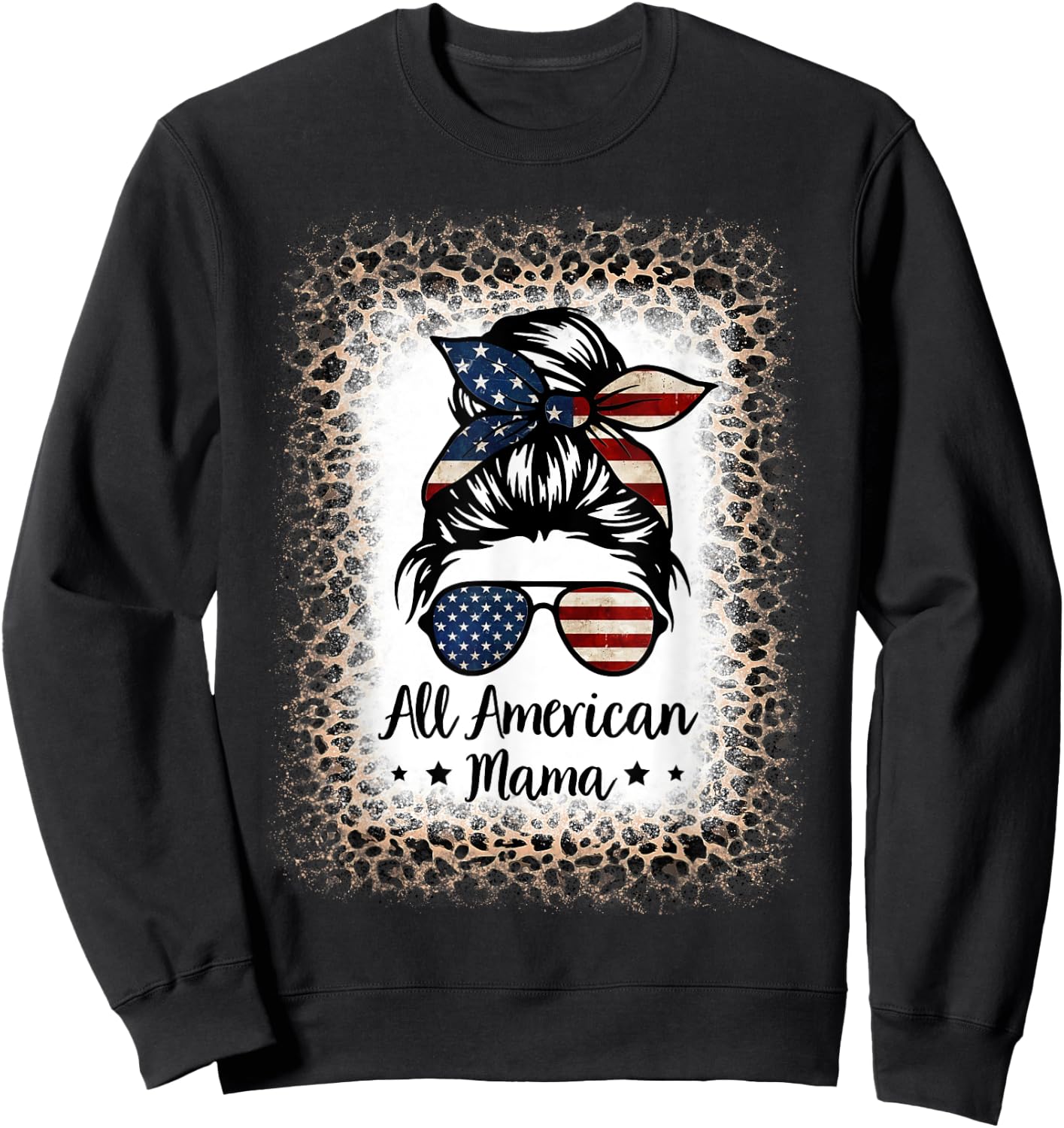 All American Mama Messy Bun Bleached Leopard 4th of July Kids Men Sweatshirt - Sweatshirt | Black