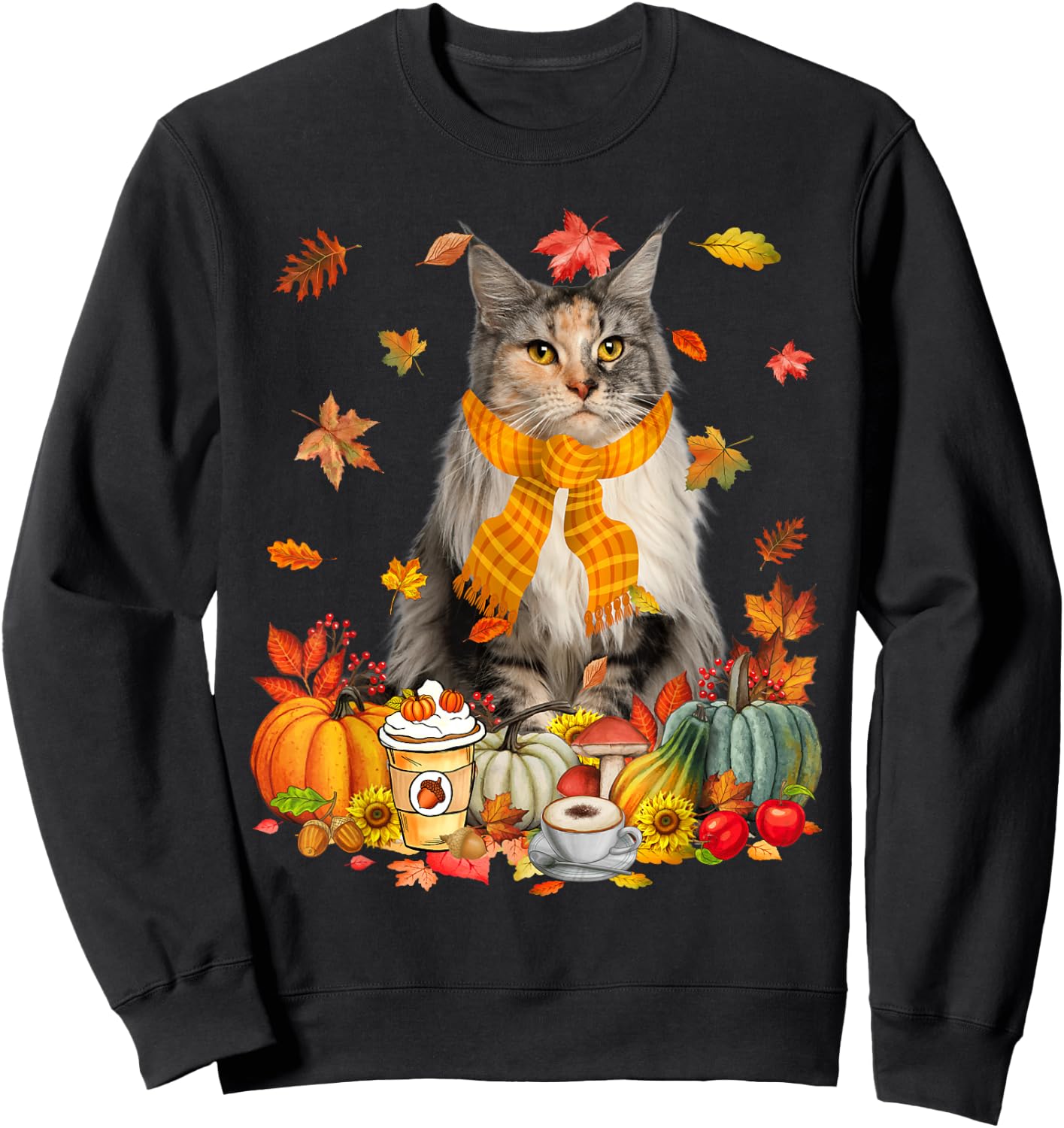 Cup Of Coffe Maine Coon Cat Pumpkins Fall Vibes Thanksgiving Sweatshirt - Sweatshirt | Black