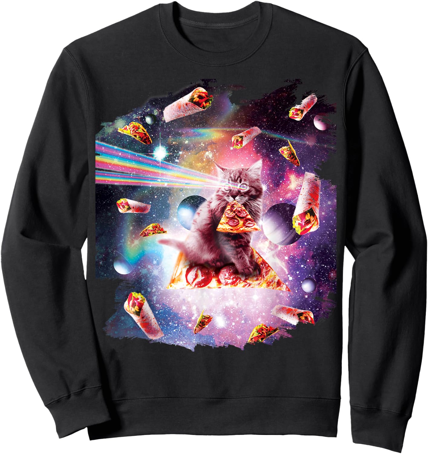 Outer Space Pizza Cat Rainbow Laser Taco Burrito Men Women Kids Sweatshirt - Sweatshirt | Black