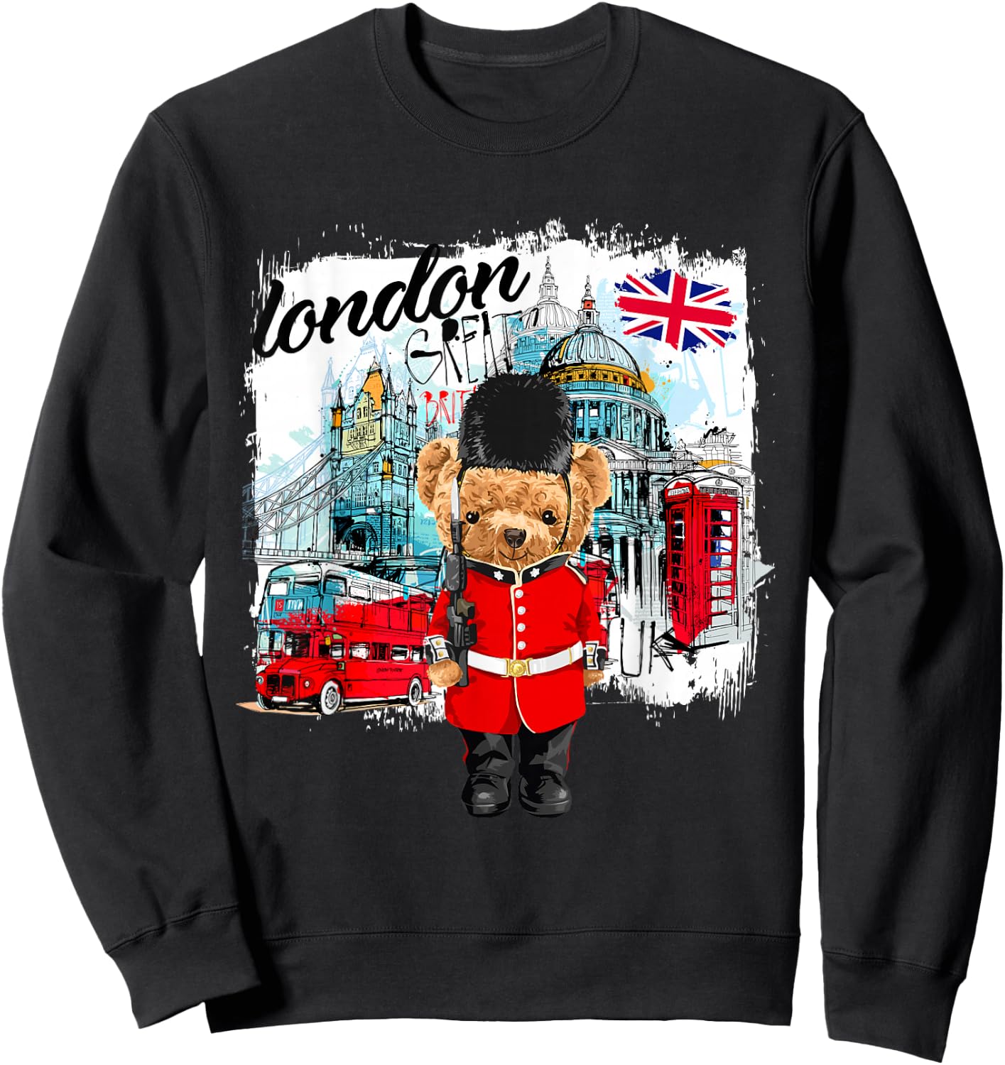 London Teddy Bear Queen Guard Illustration Graphic Cartoon Sweatshirt - Sweatshirt | Black