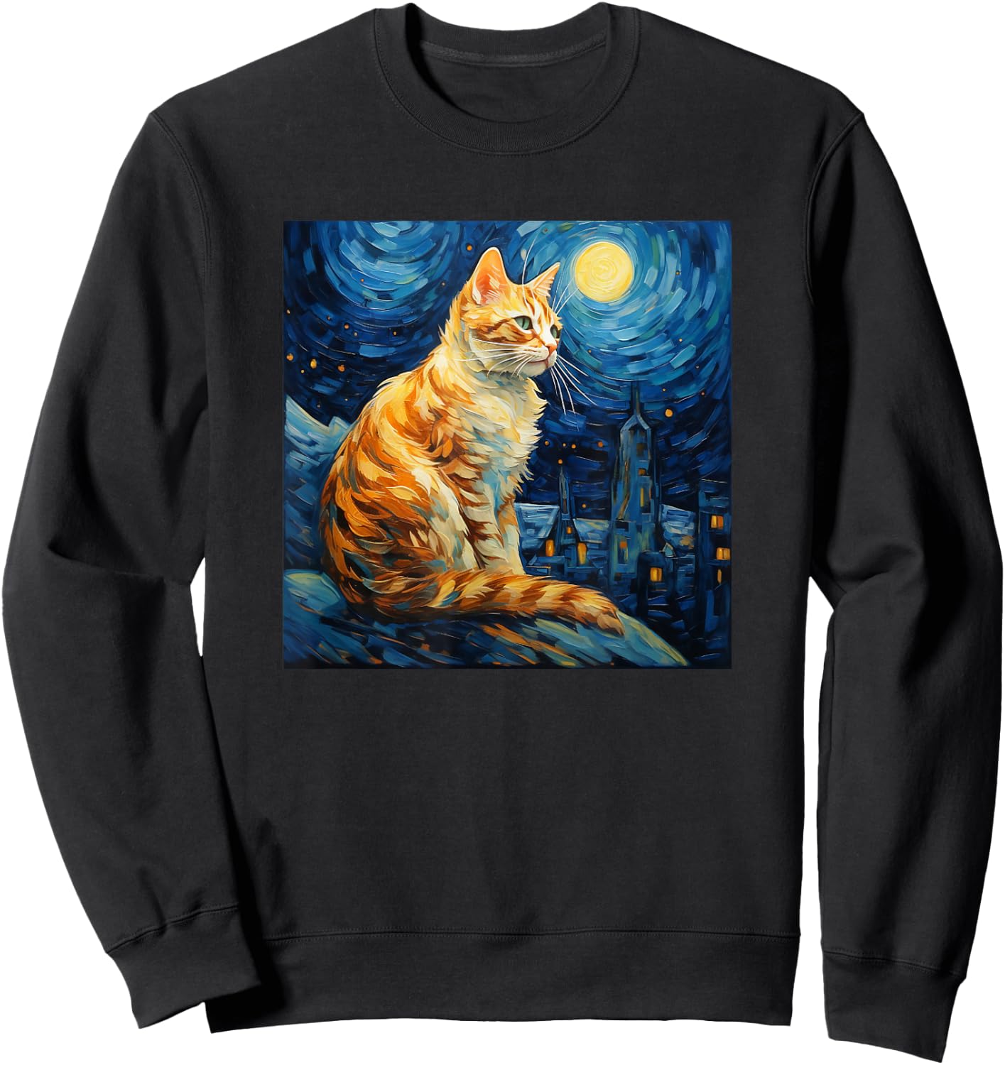 Cat Starry Night lover art Painting kitty kitten Van Gogh Sweatshirt - Sweatshirt | Black