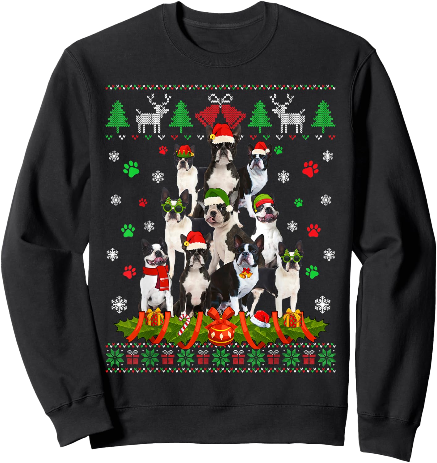 Ugly Sweater Christmas Tree Boston Terrier Dog Xmas Pajama Sweatshirt - Sweatshirt | Black
