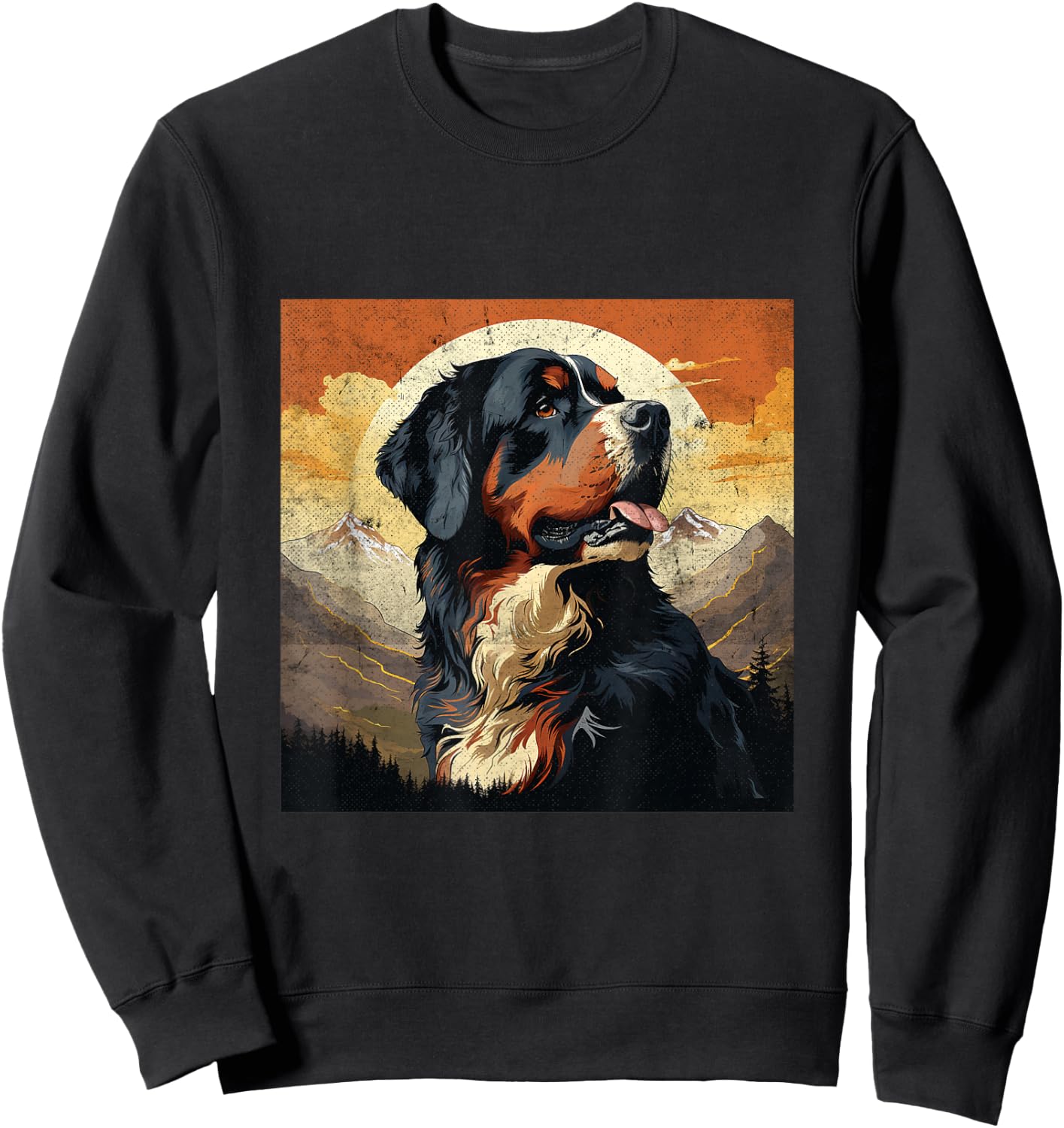 Vintage Bernese Mountain Dog Distressed Mountain Sunset Sweatshirt - Sweatshirt | Black