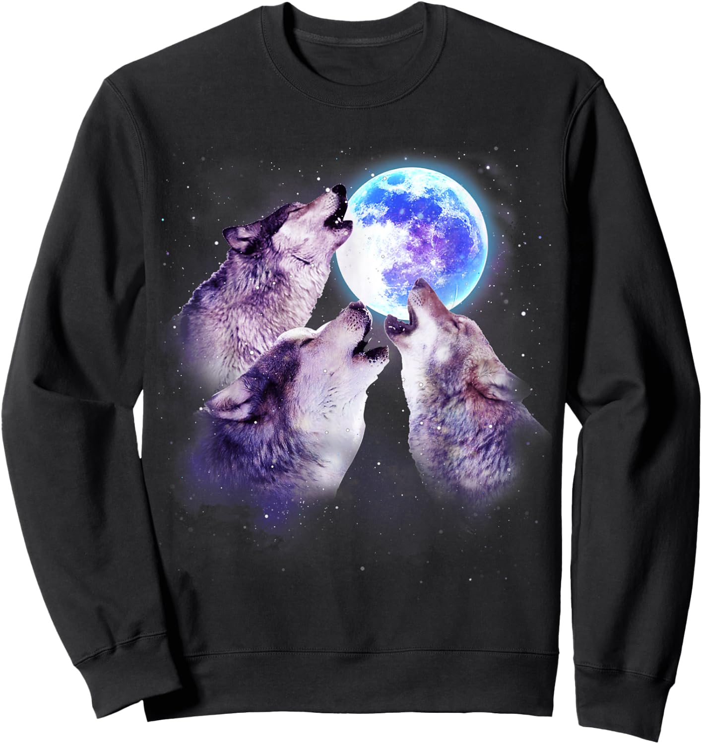 Three Grey Wolf Howling at The Moon 3 Wolves Space Galaxy Sweatshirt - Sweatshirt | Black