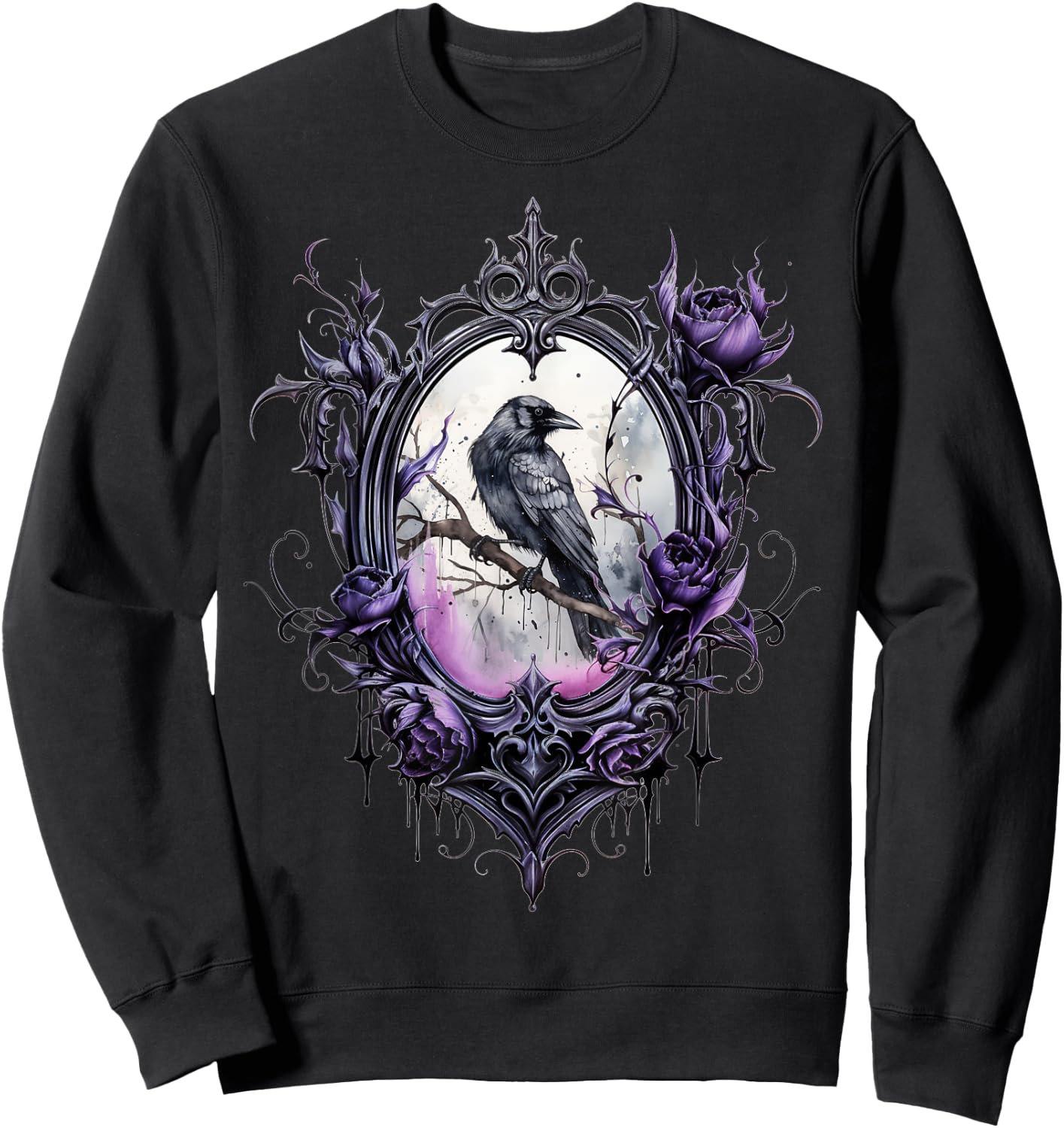 Gothic Halloween Raven Rose Purple Majestic Bird Sweatshirt - Sweatshirt | Black