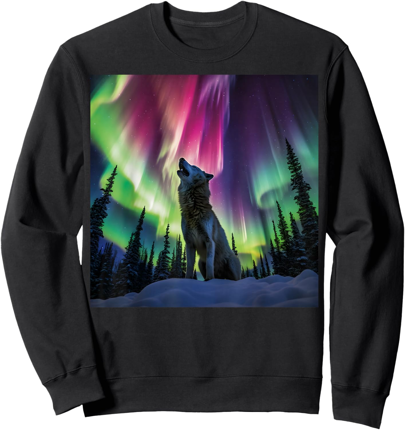 Alaska Aurora Borealis Howling Wolf Aesthetic Photo Souvenir Sweatshirt - Sweatshirt | Black