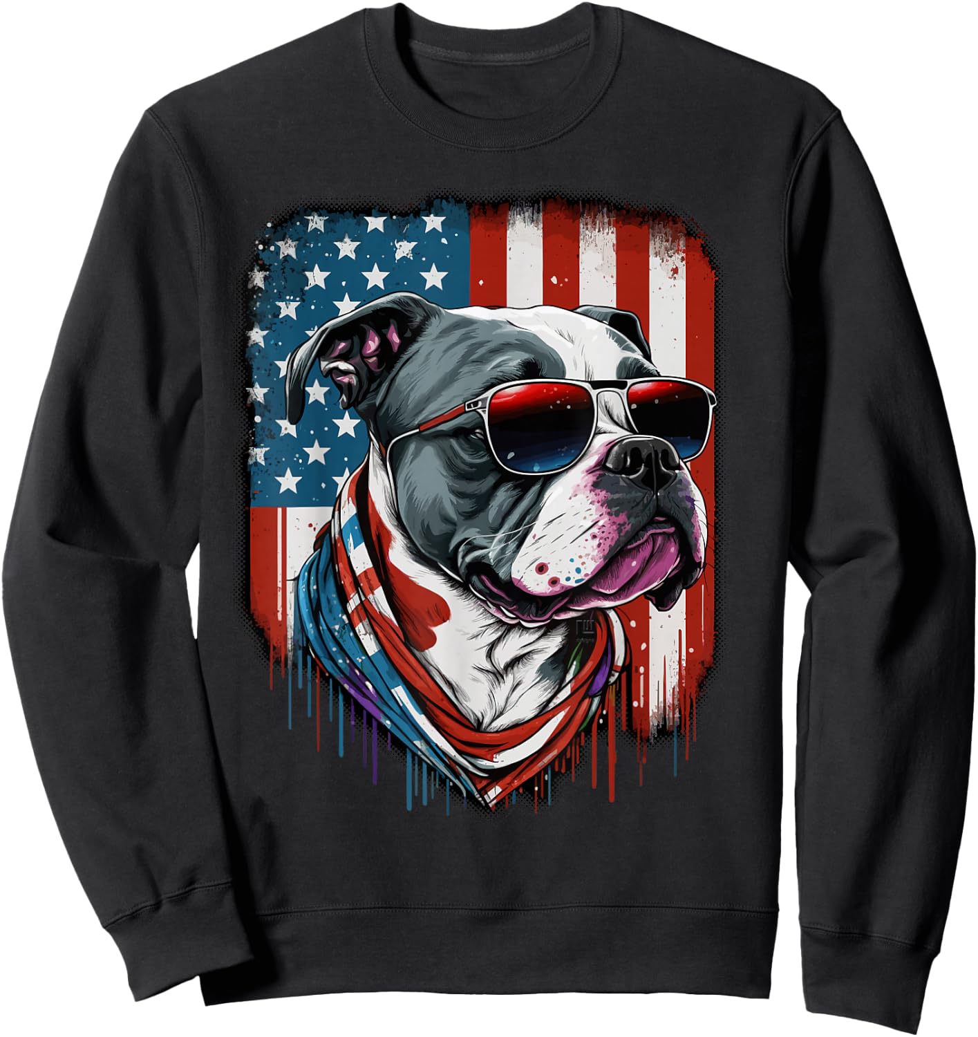 Pitbull Dog Red White Blue American Flag Sunglasses Sweatshirt - Sweatshirt | Black