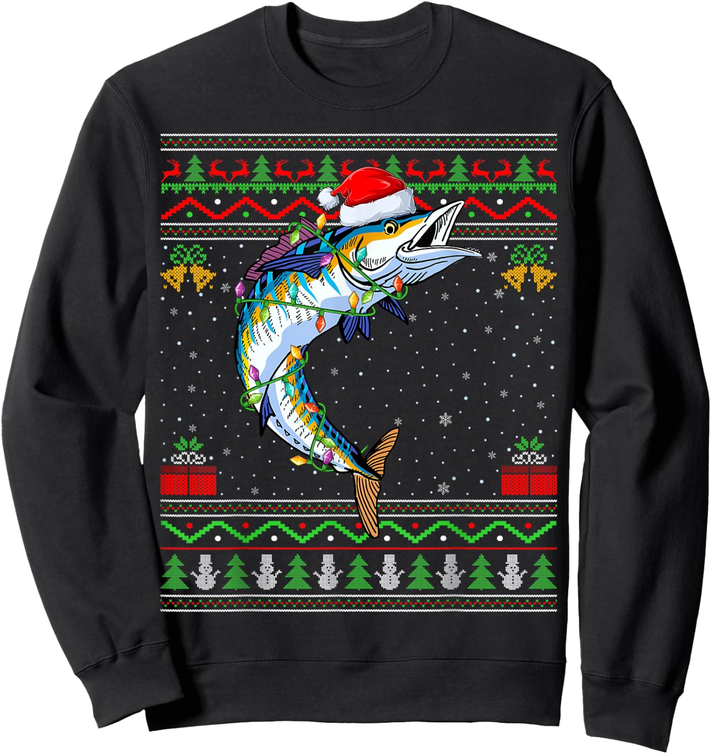 Xmas Lights Ugly Sweater Style Santa Wahoo Fish Christmas Sweatshirt - Sweatshirt | Black