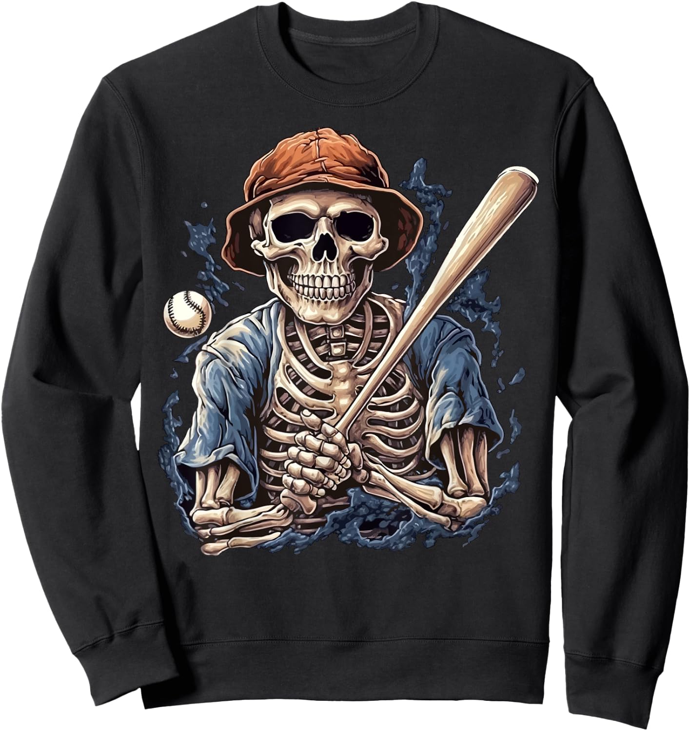 Skeleton Playing Baseball Halloween Scary Pirate Skeleton Sweatshirt - Sweatshirt | Black