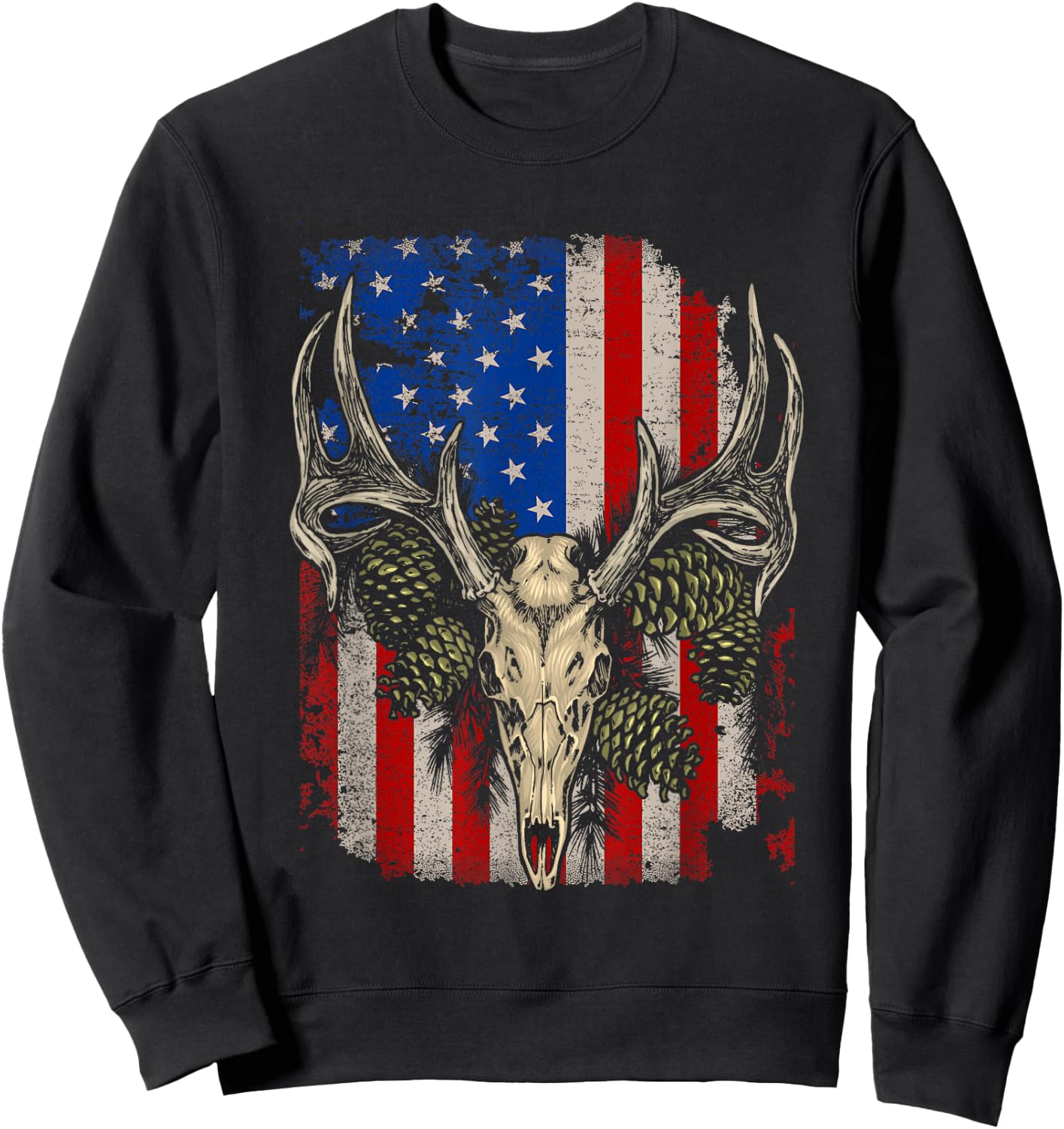 Deer Hunting Skull Whitetail Buck American Flag Vintage Sweatshirt - Sweatshirt | Black