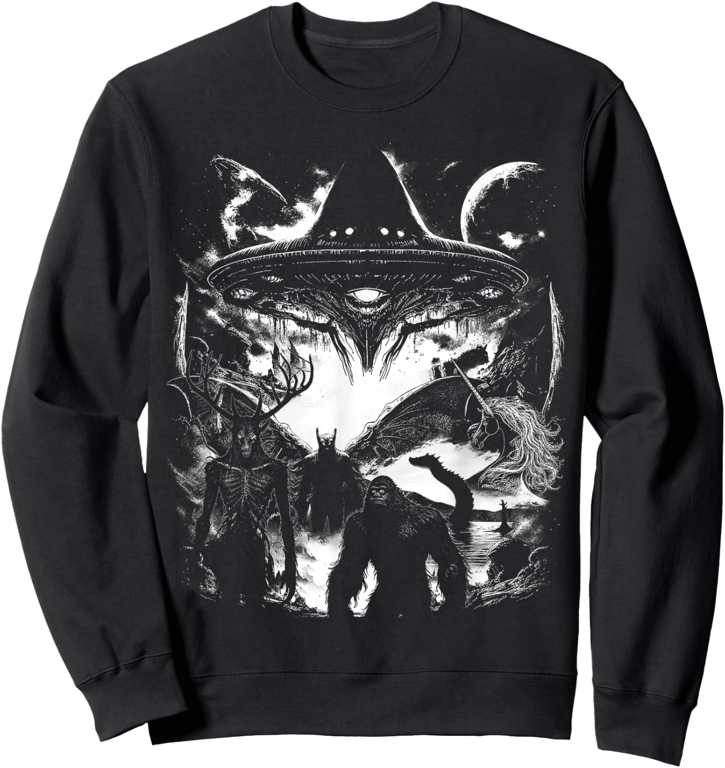 Bigfoot Loch Ness Monster Mothman Wendigo Alien Cryptid Sweatshirt - Sweatshirt | Black
