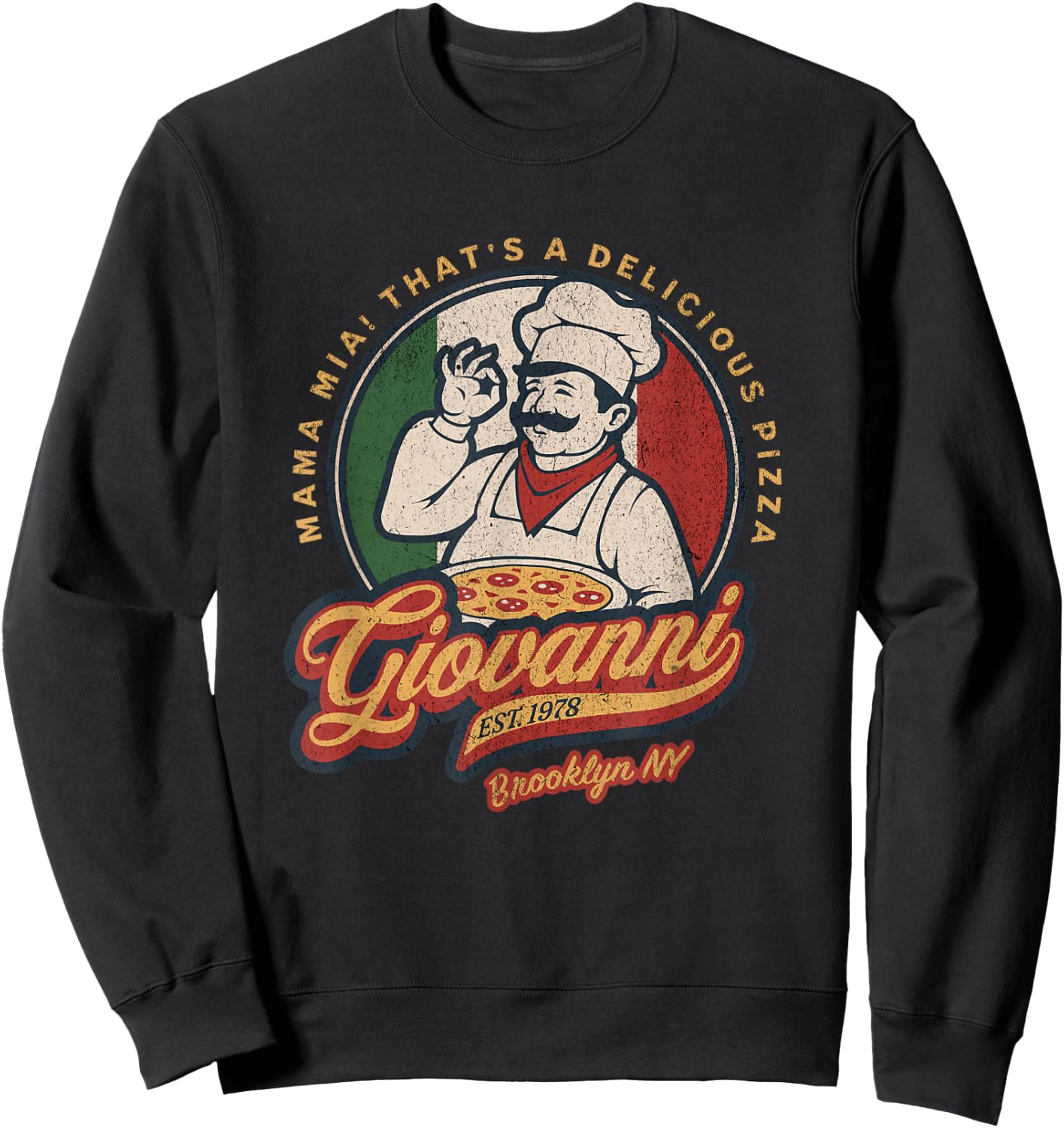Vintage New York Pizza Retro 70s Giovanni Brooklyn NY Sweatshirt - Sweatshirt | Black