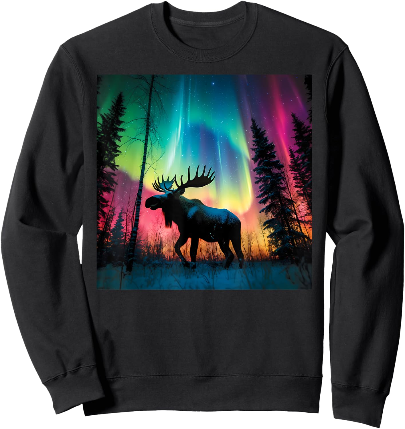 Minnesota Northern Lights Moose Family Winter Camping Trip Sweatshirt - Sweatshirt | Black