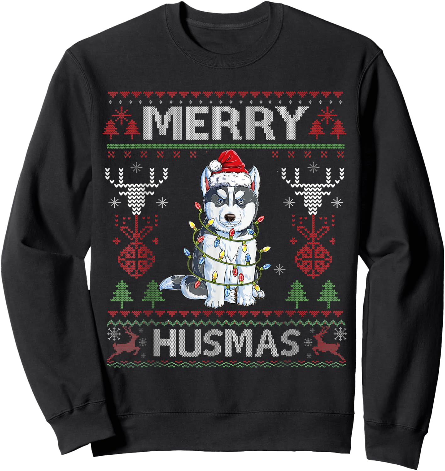 Cute Merry Huskymas Ugly Sweater Husky Christmas Tree Dog Sweatshirt - Sweatshirt | Black