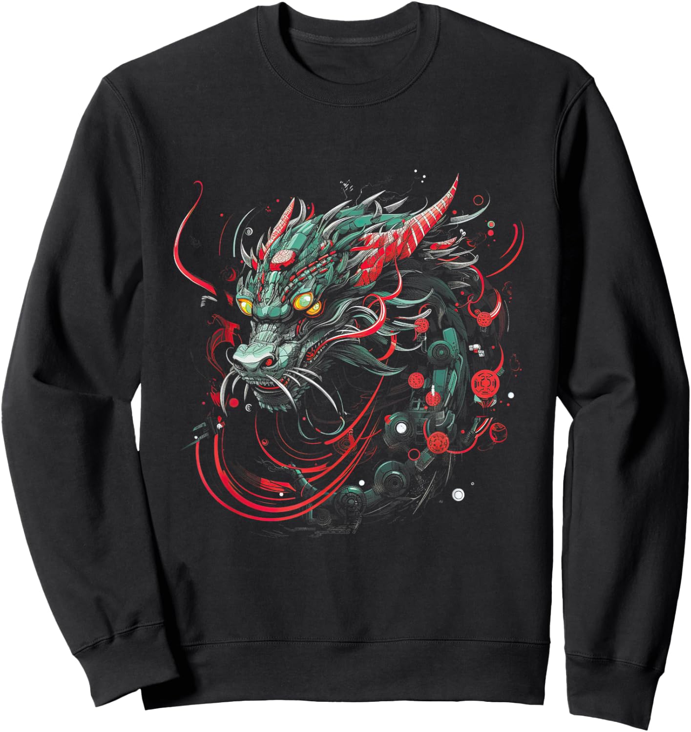 Dragon Asia Mythology Futuristic Japanese Cyberpunk Japan Art Cyber - Women's -Adults Black Short Sleeve Classic Fit Collarless - Small Sweatshirt - Sweatshirt | Black
