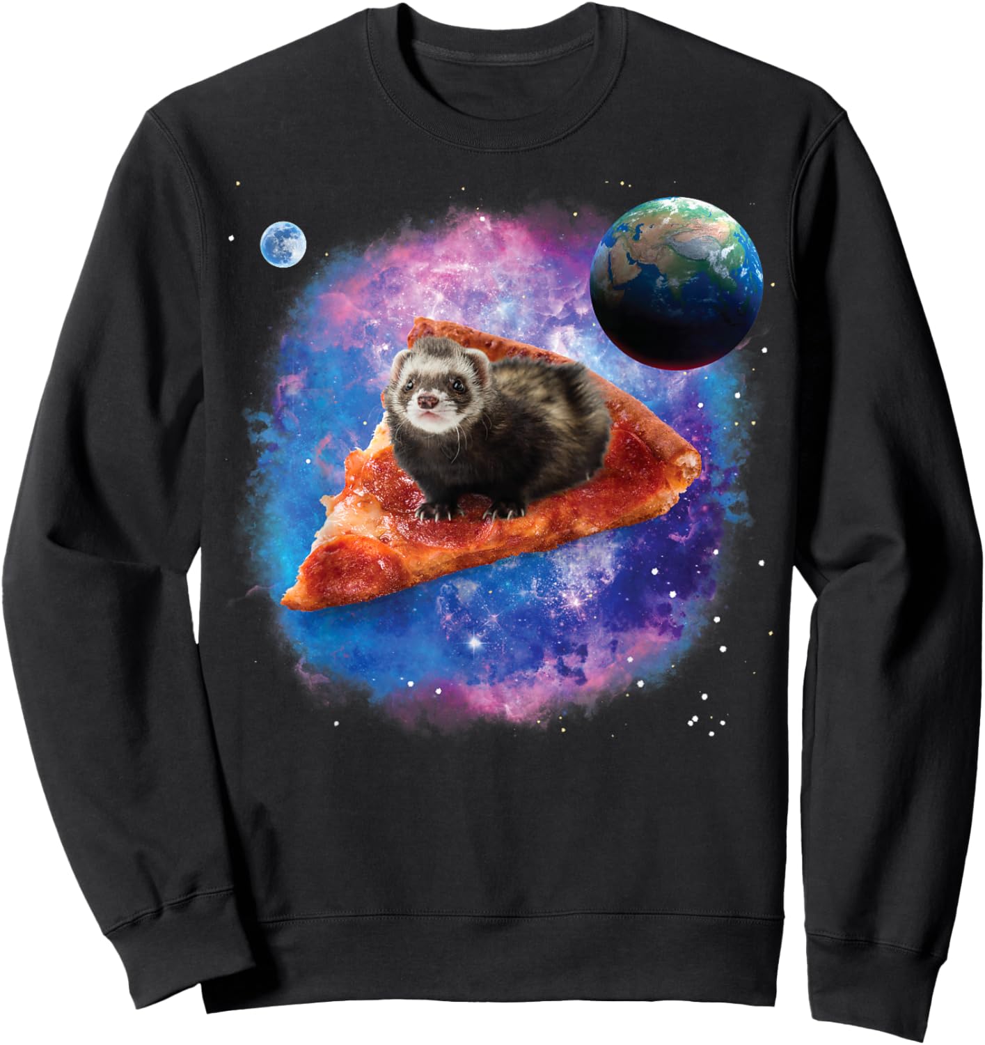Funny Ferret on a Pizza in Space Ferret Sweatshirt - Sweatshirt | Black