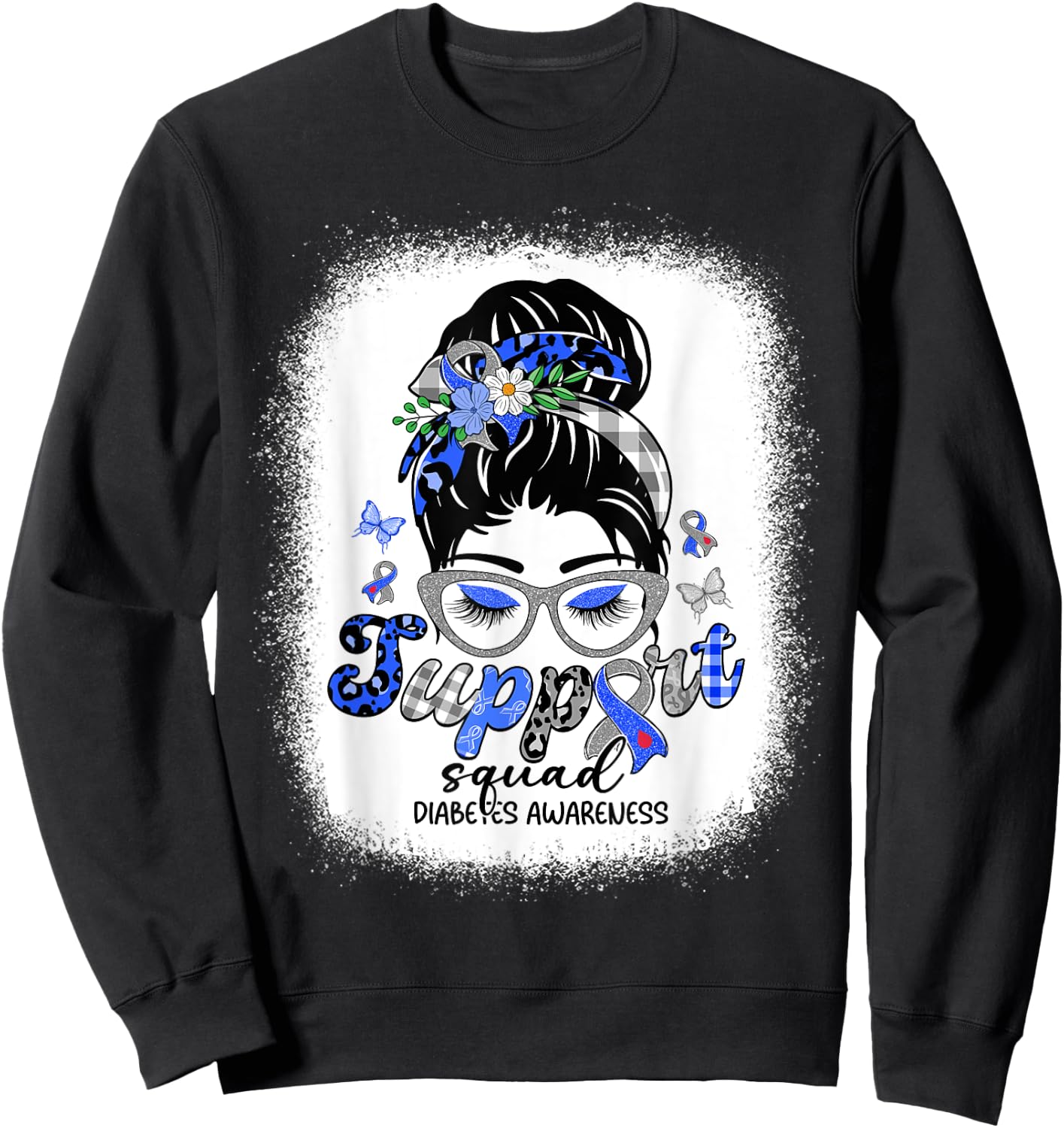Support Squad Messy Bun Women Diabetes Awareness Sweatshirt - Sweatshirt | Black