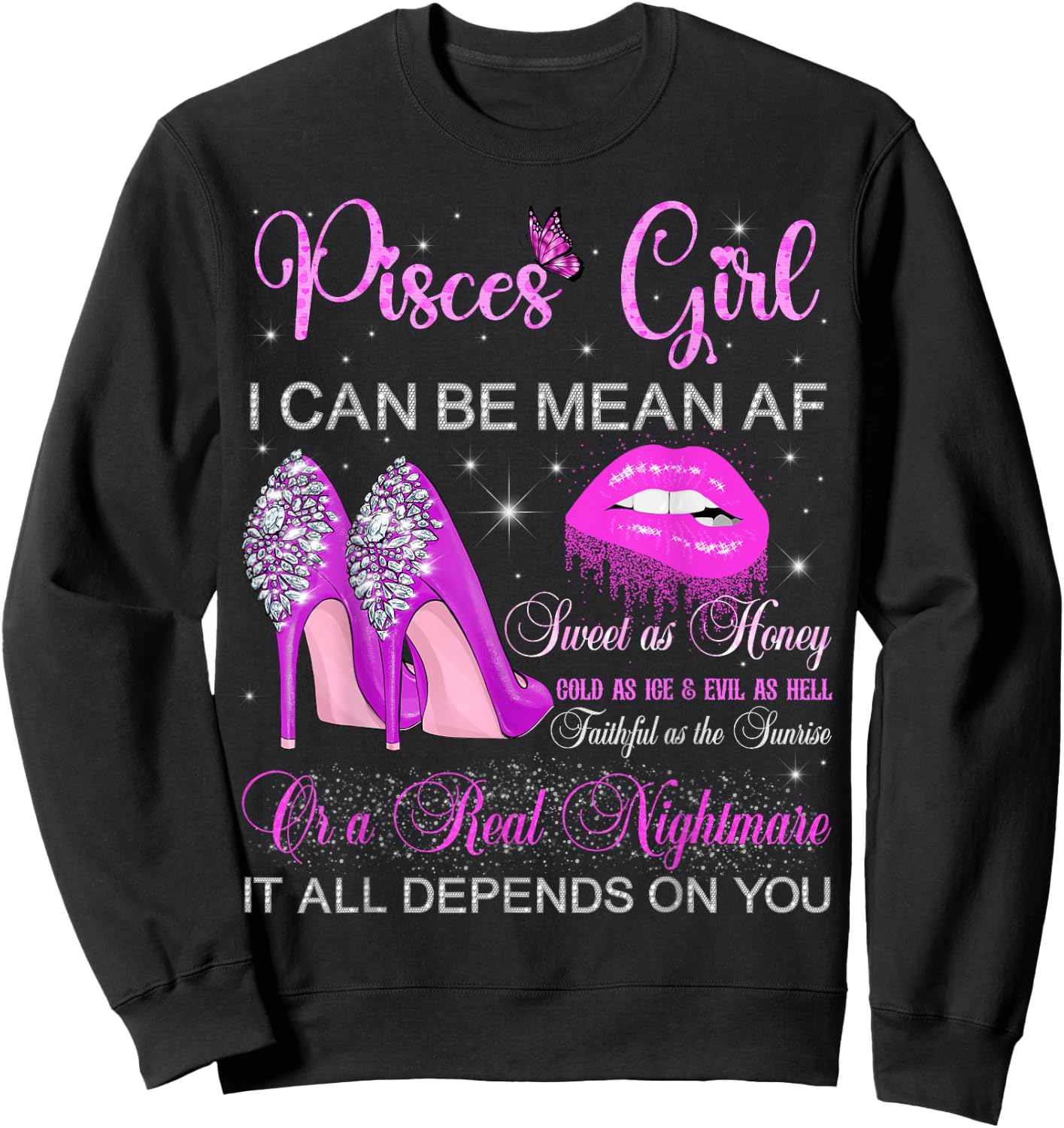 Pisces Girl Birthday High Heels Dripping Lips Butterfly Sweatshirt - Sweatshirt | Black