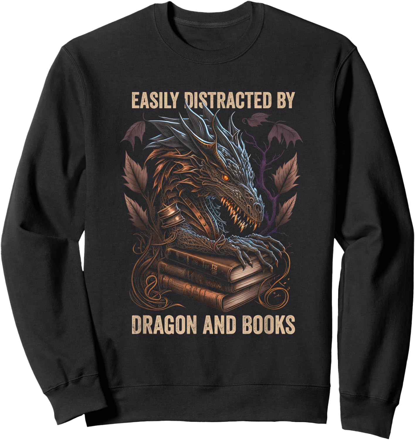 Easily Distracted By Dragons And Books Nerd Dragon Book Sweatshirt - Sweatshirt | Black
