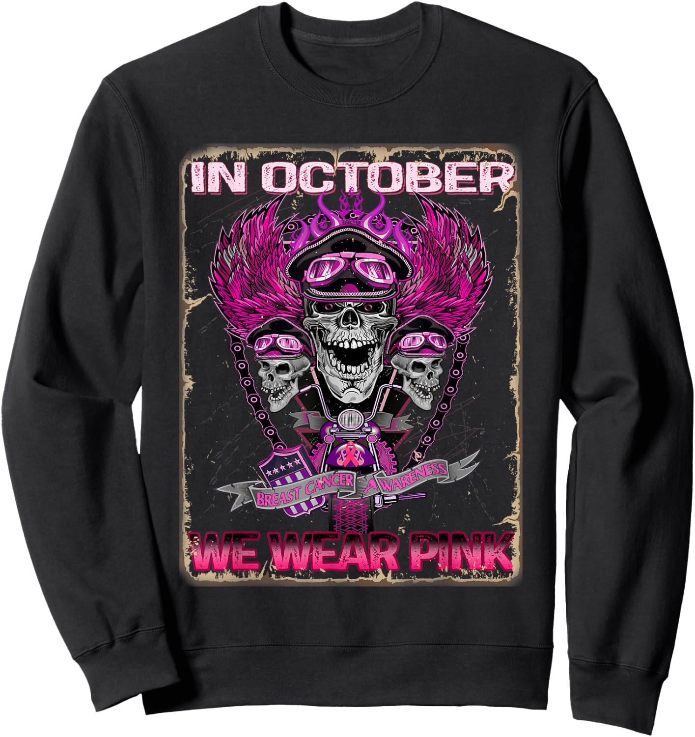 In October We Wear Pink Motorcycle Breast Cancer Biker Skull Sweatshirt - Sweatshirt | Black