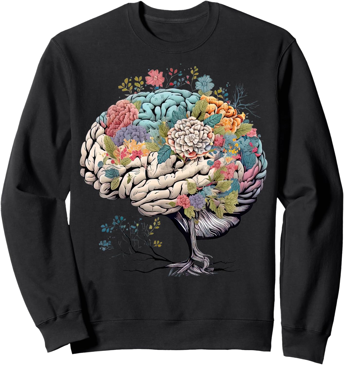 Floral Anatomical Brain Tree Mental Health Awareness Sweatshirt - Sweatshirt | Black