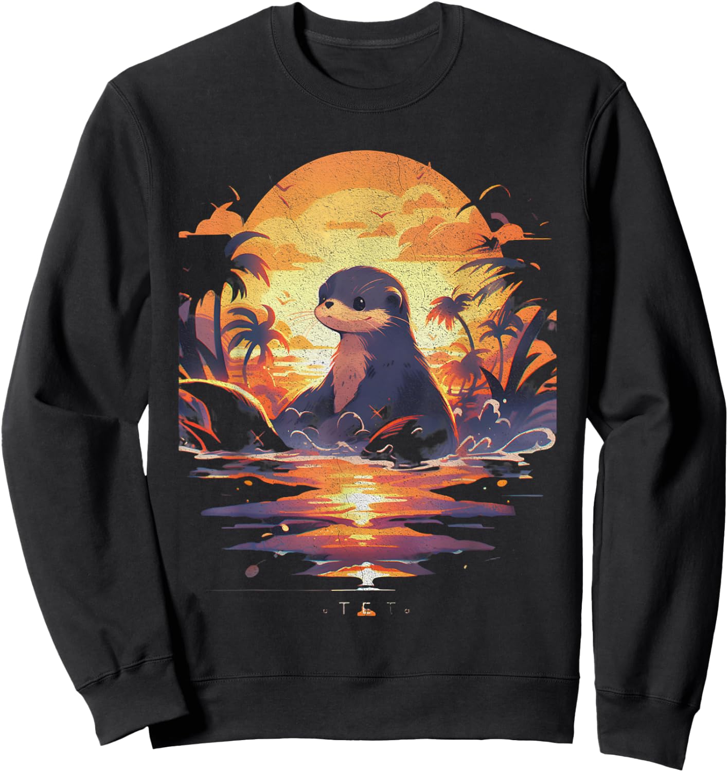 Cute Sunset Otter Tropical Beach Illustration Animal Sweatshirt - Sweatshirt | Black