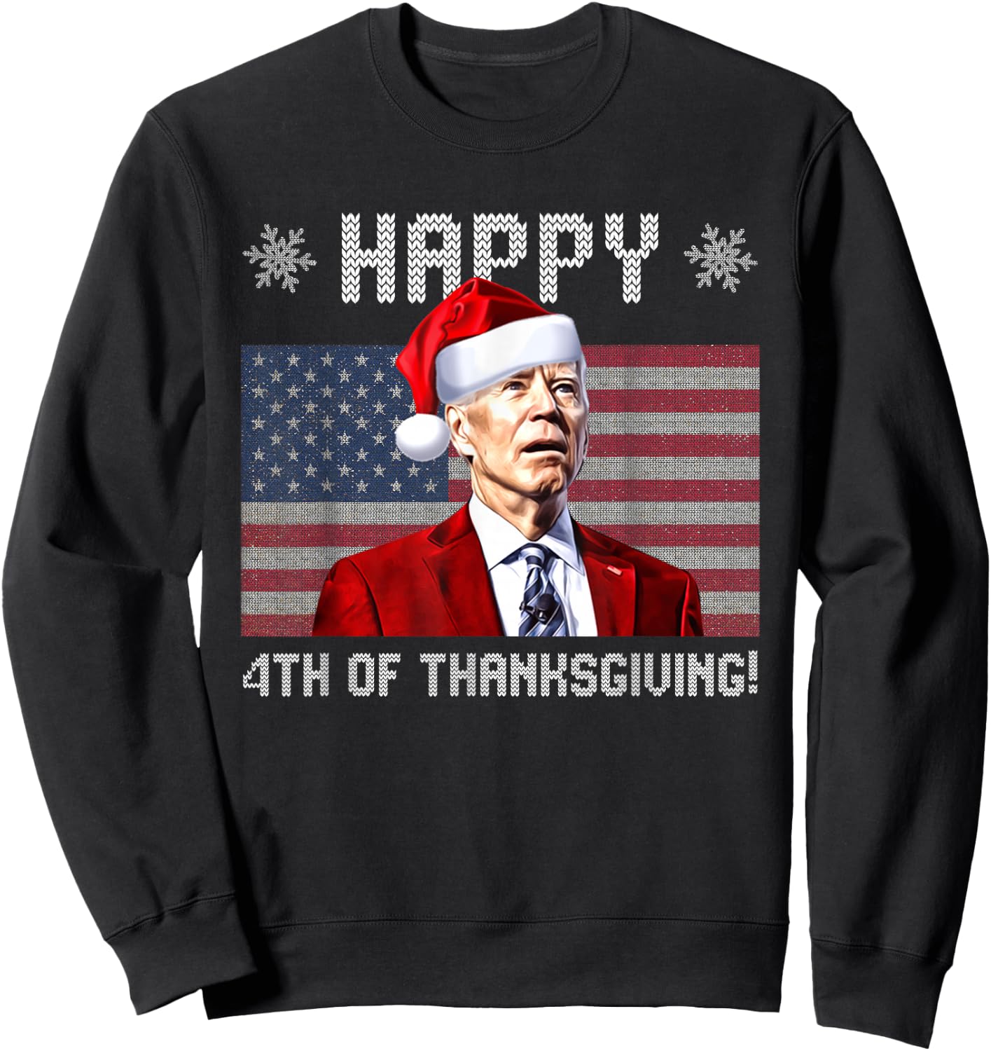 Happy 4th of Thanksgiving Christmas Biden Santa USA Flag Sweatshirt - Sweatshirt | Black