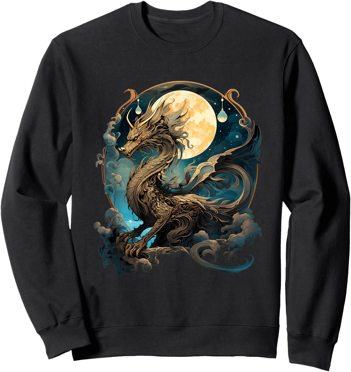 Beautiful Lunar Gold Dragon Floral Art Noveau Sweatshirt - Sweatshirt | Black