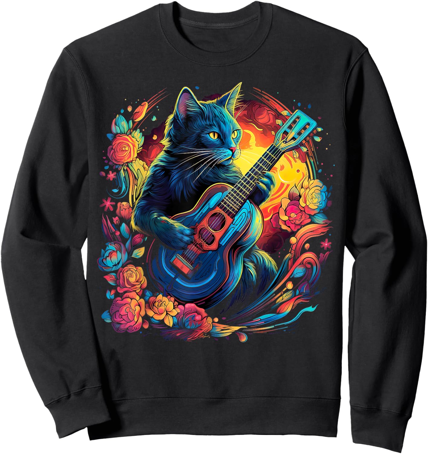 Rock Cat Playing Guitar Cat Funny Guitar Cat Kitty Sweatshirt - Sweatshirt | Black