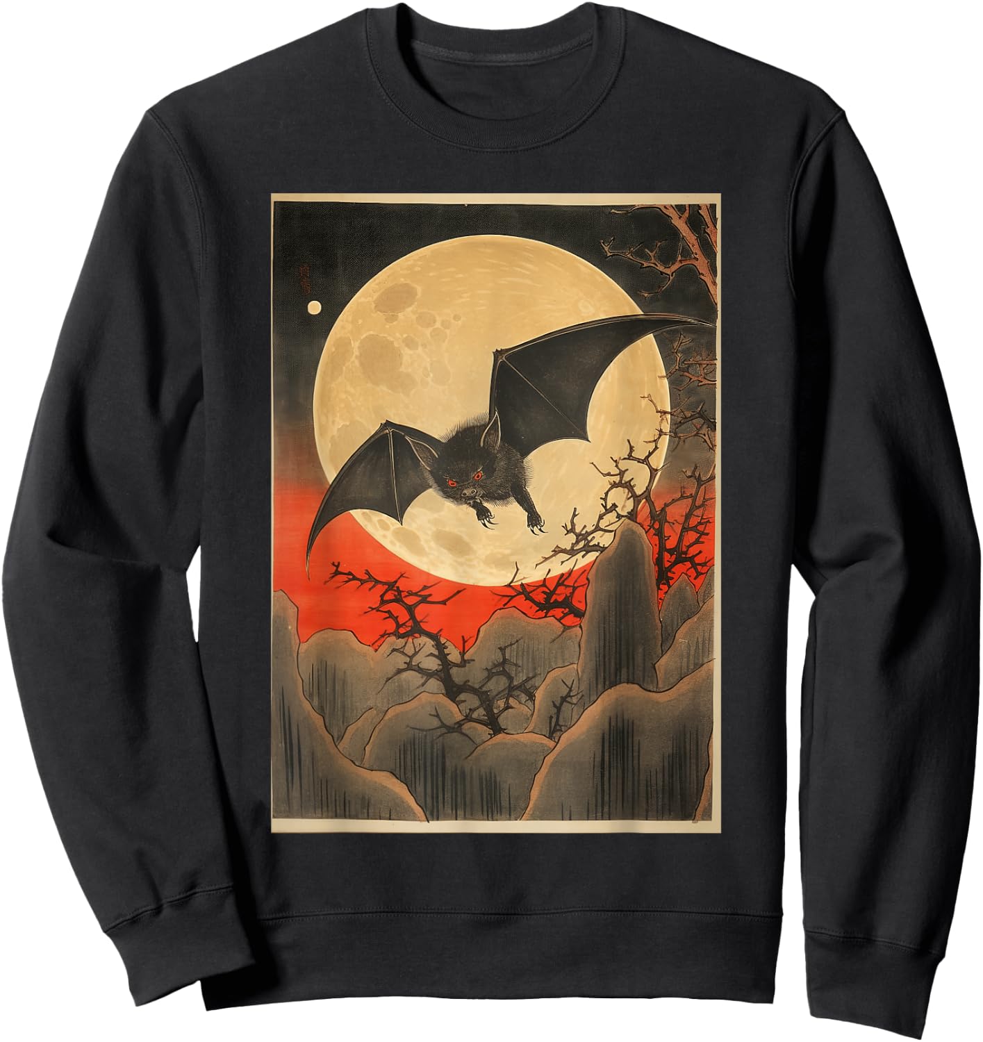 Japanese Woodblock Art 1905 Bat in Moon Meiji Era Sweatshirt - Sweatshirt | Black