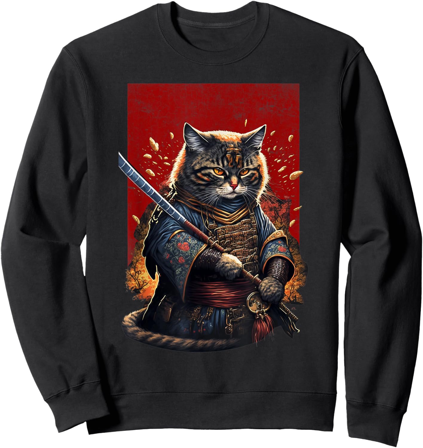 Retro Japanese Samurai Ninja Cat Kawaii Tattoo Graphic Style Men Women Kids Sweatshirt - Sweatshirt | Black