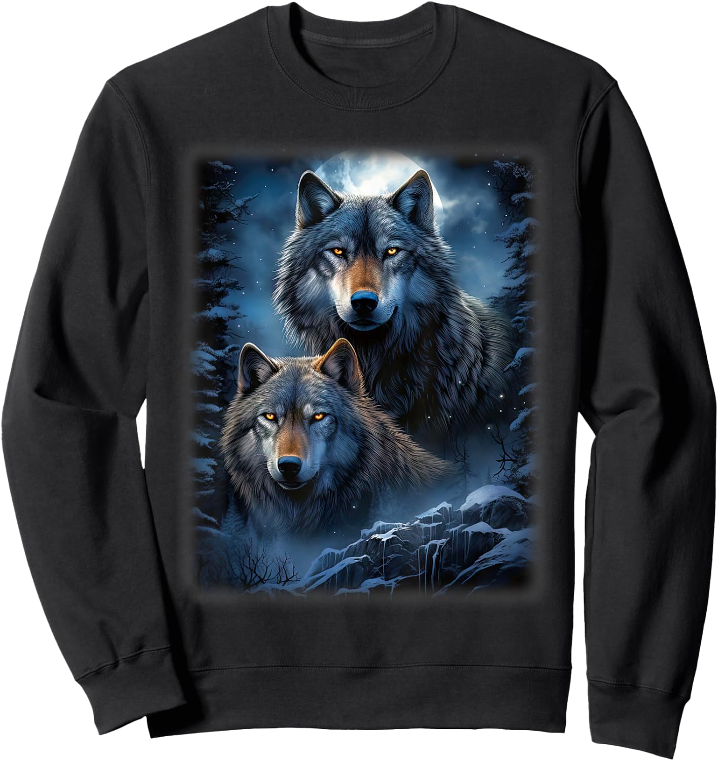 Wolf Wolves in Forest by Night Moon Fantasy Art Wildlife Sweatshirt - Sweatshirt | Black
