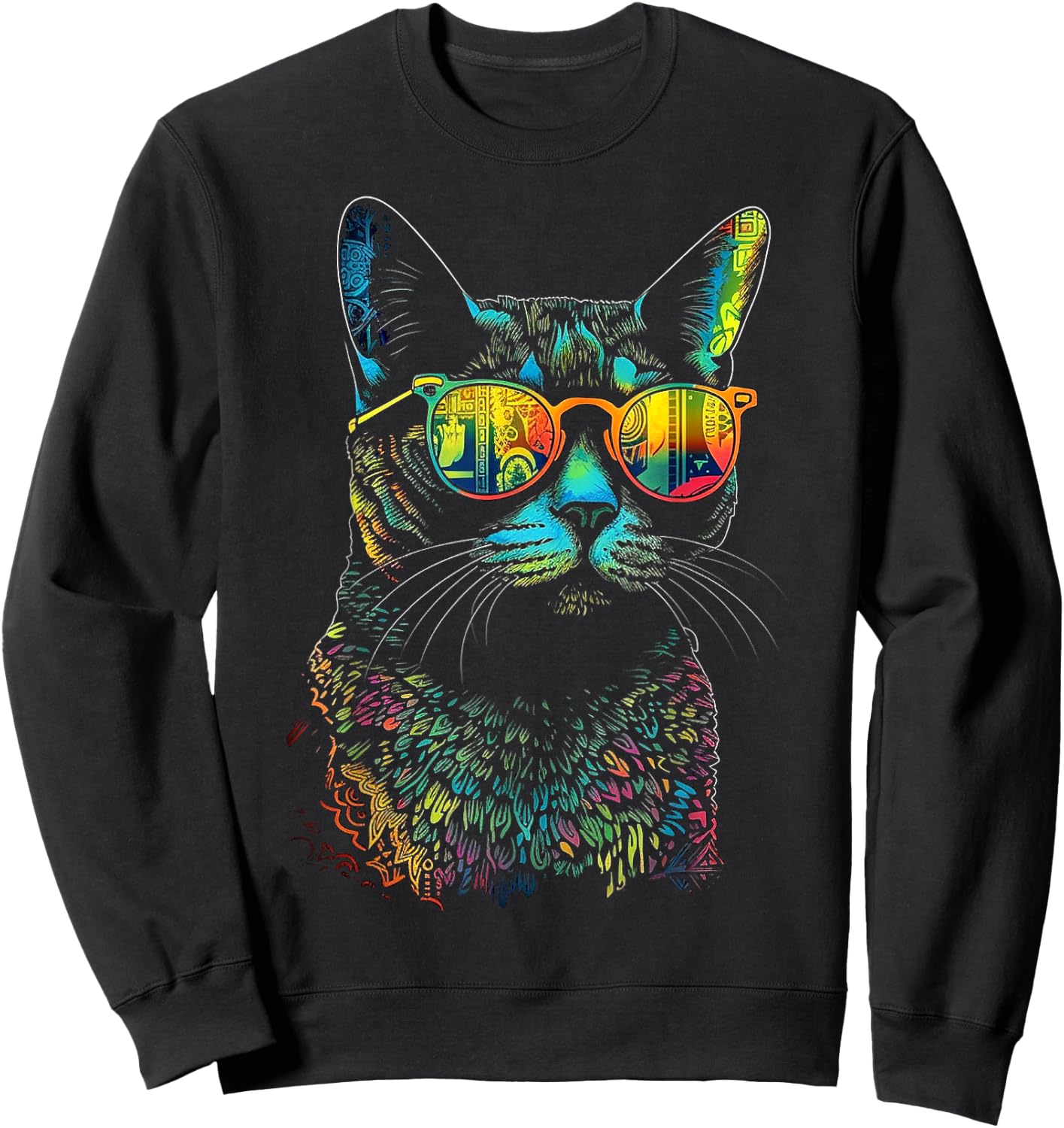Cat Sunglaess Colorful Artwork | Animal Motif Cat Sweatshirt - Sweatshirt | Black