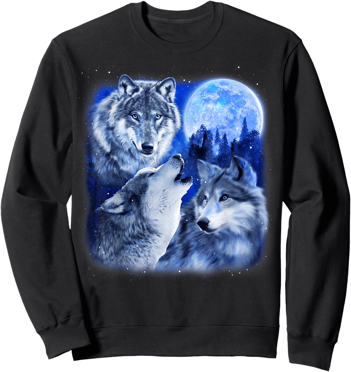 Three Wolves 3 Grey Wolf Howling At The Moon Wild Animal Sweatshirt - Sweatshirt | Black