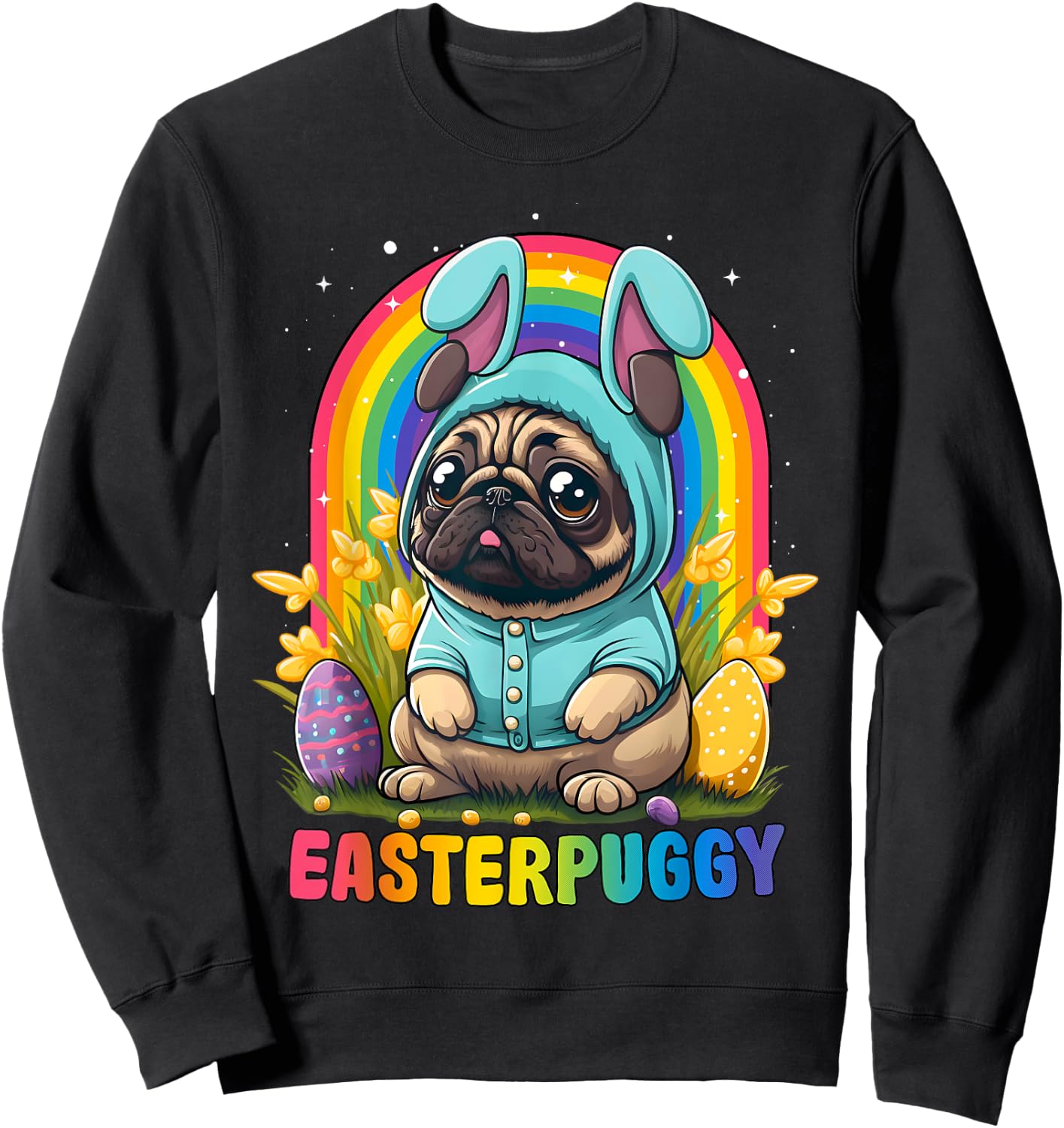Funny Easter Pug Dog Easterpuggy Cute Pug Lover Rainbow Women Kids Sweatshirt - Sweatshirt | Black