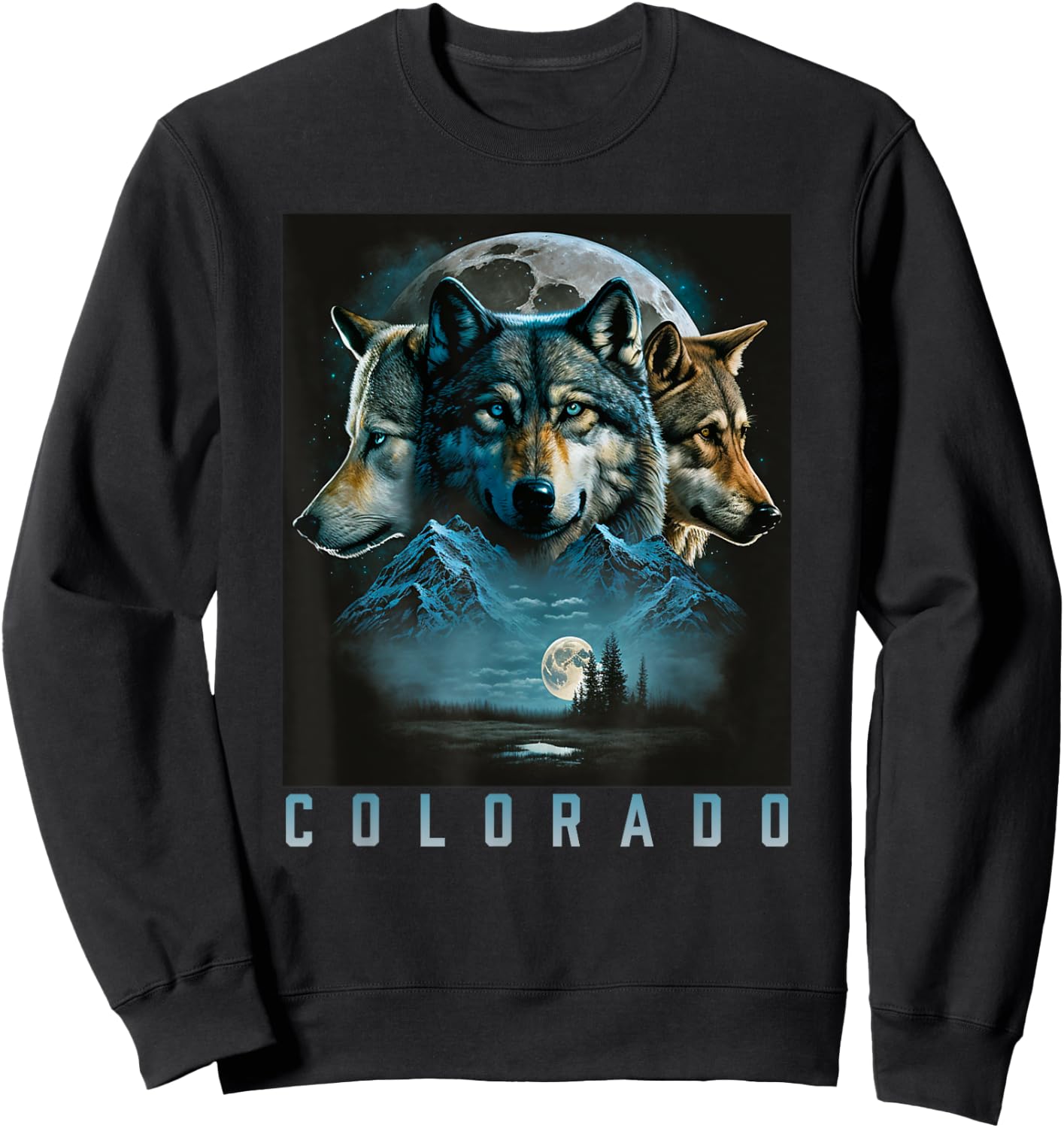 Colorado Mountain Wolf - Three Wolf Moon & Stars Retro Sweatshirt - Sweatshirt | Black
