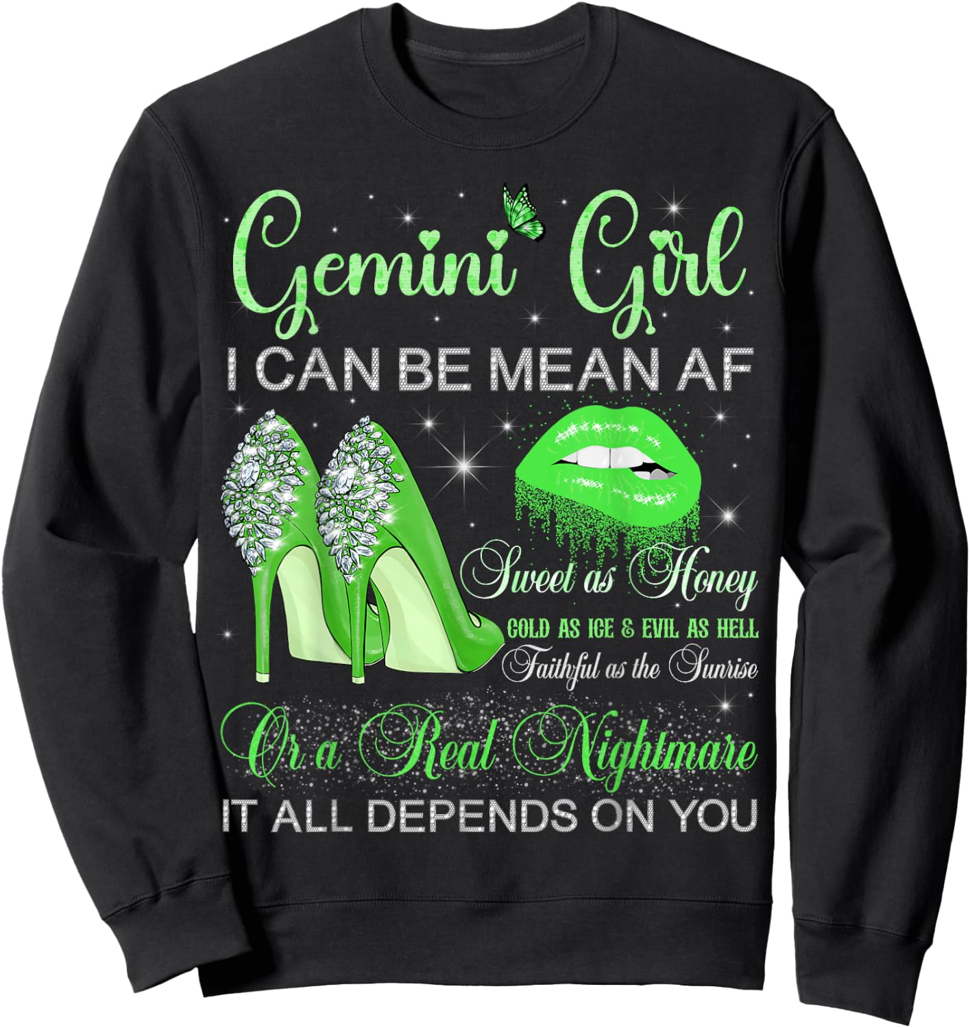Gemini Girl Birthday High Heels Dripping Lips Butterfly Sweatshirt - Sweatshirt | Black