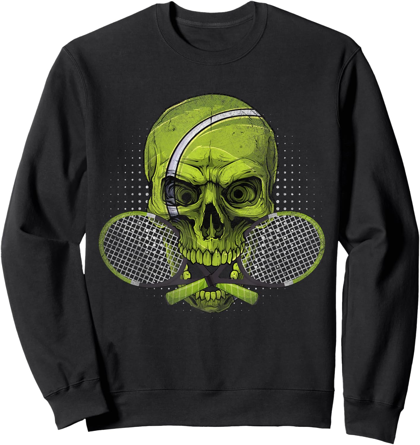 Skeleton Head Skull Tennis Ball & Rackets Happy Halloween Sweatshirt - Sweatshirt | Black