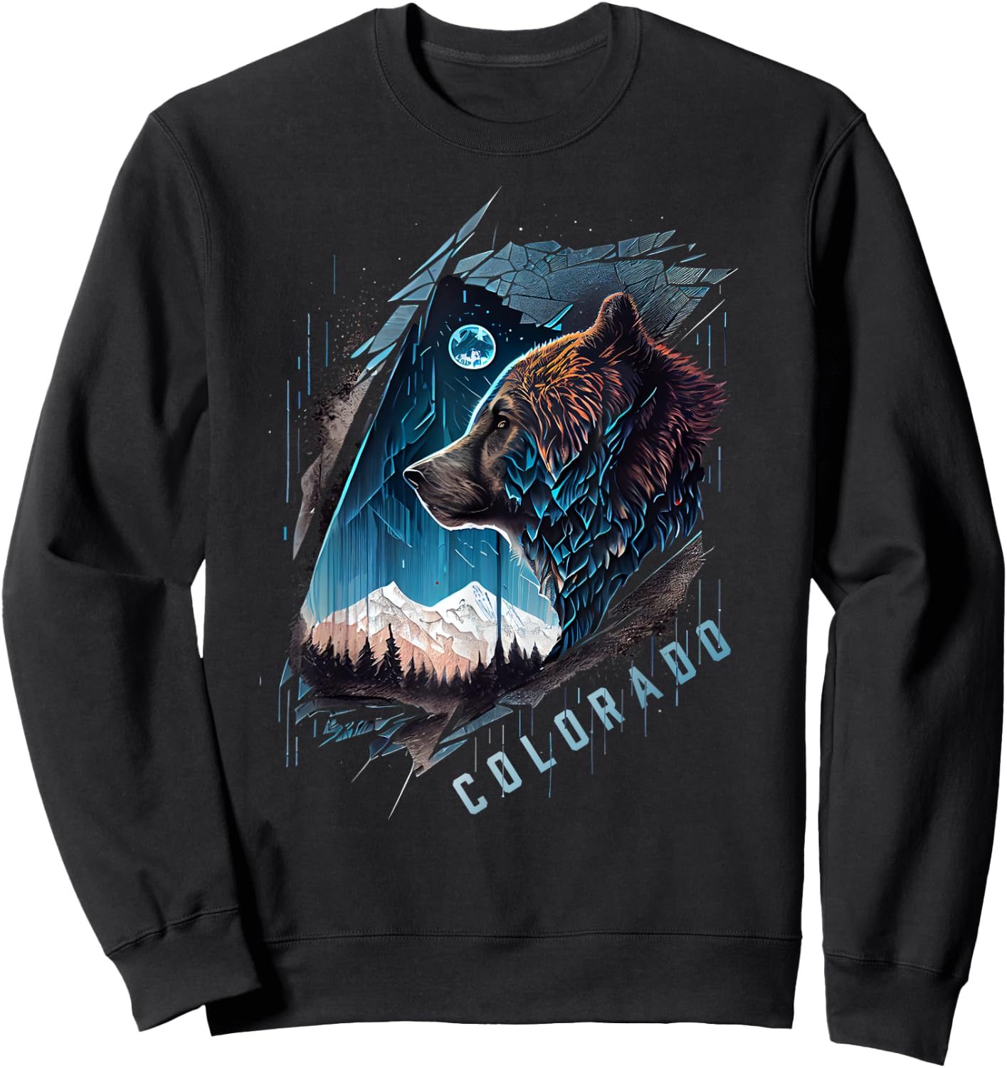 Colorado Mountain Bear - Bear, Moon, & Stars Retro Sweatshirt - Sweatshirt | Black