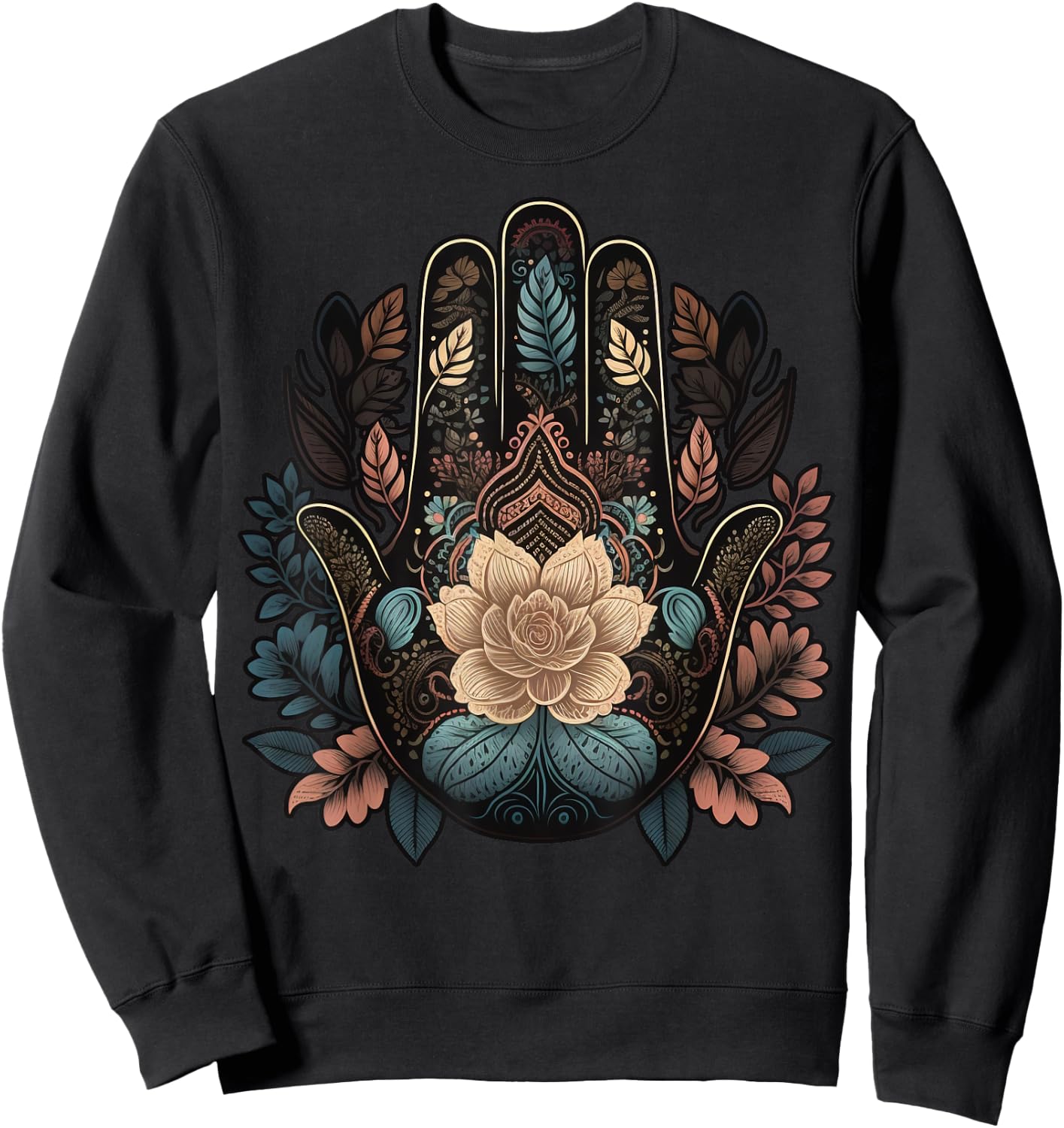 Floral Khamsah or Hand of Fatima on flower Hand of Hamsa Sweatshirt - Sweatshirt | Black