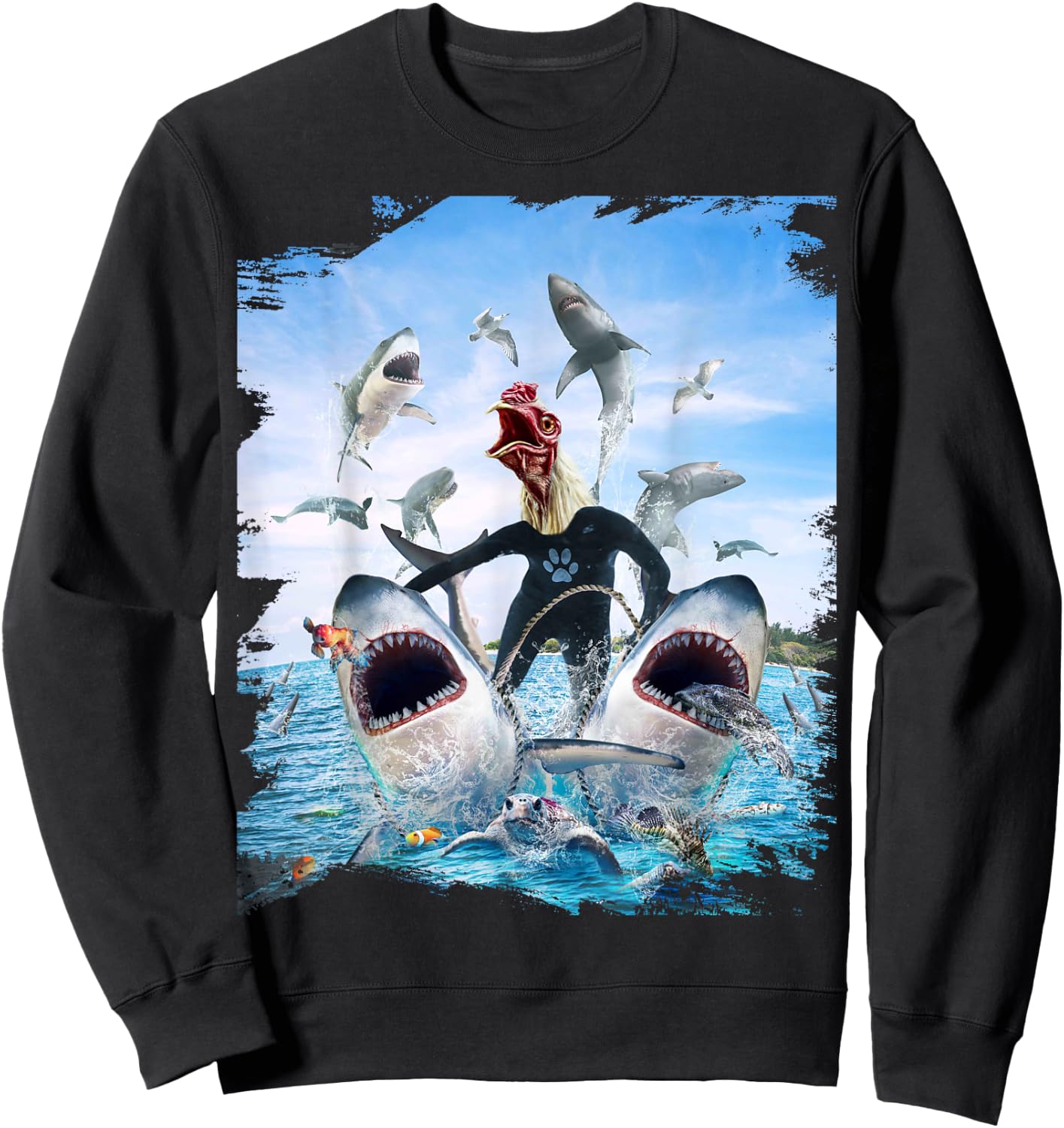 Chicken Riding Shark Sharks At Beach Ocean Funny Sweatshirt - Sweatshirt | Black