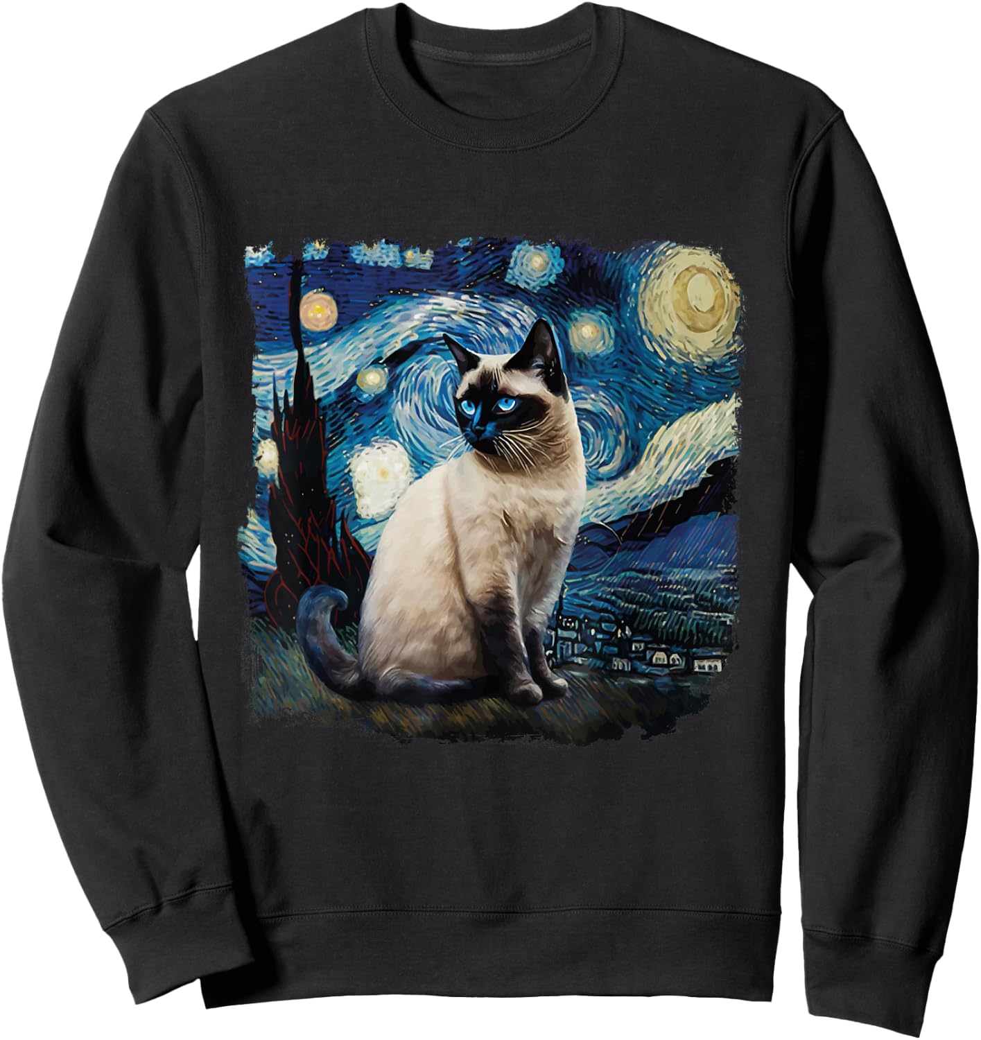 Cute Van Gogh Starry Night Cat Siamese Cat Lover Funny Sweatshirt - Sweatshirt | Black