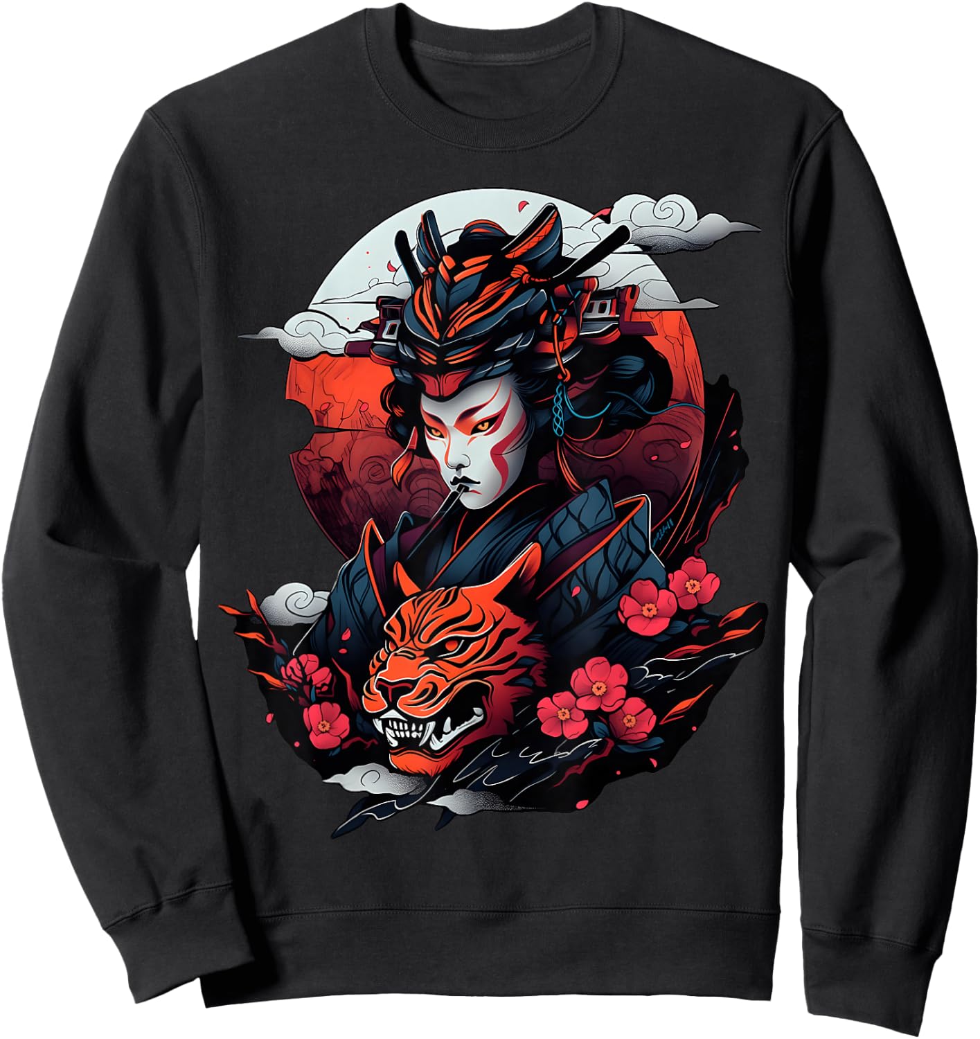 Samurai and Tiger Bold Graphic with Traditional Japanese Art Sweatshirt - Sweatshirt | Black