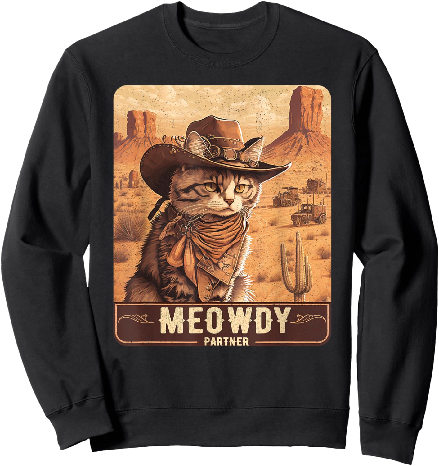Meowdy! Funny Country Music Cat Cowboy Hat Poster Funny Sweatshirt - Sweatshirt | Black