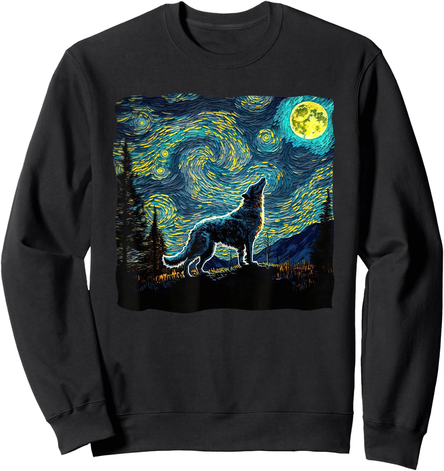 Wolf Starry Night Wilderness Howling Moon Van Gogh Painting Sweatshirt - Sweatshirt | Black