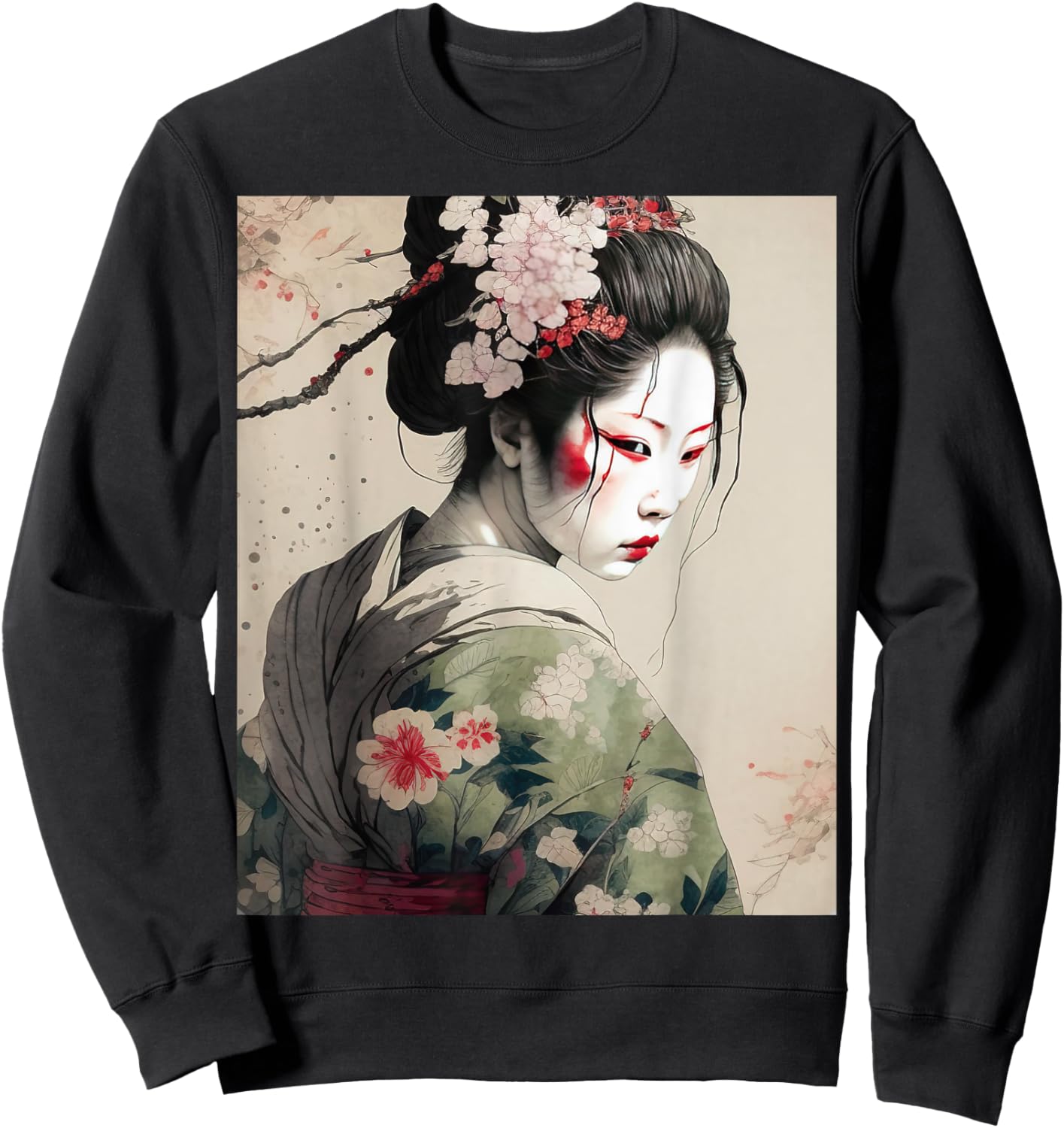 Beautiful Japanese Dark Geisha Sakura Blossoms Kimono Sweatshirt - Sweatshirt | Black