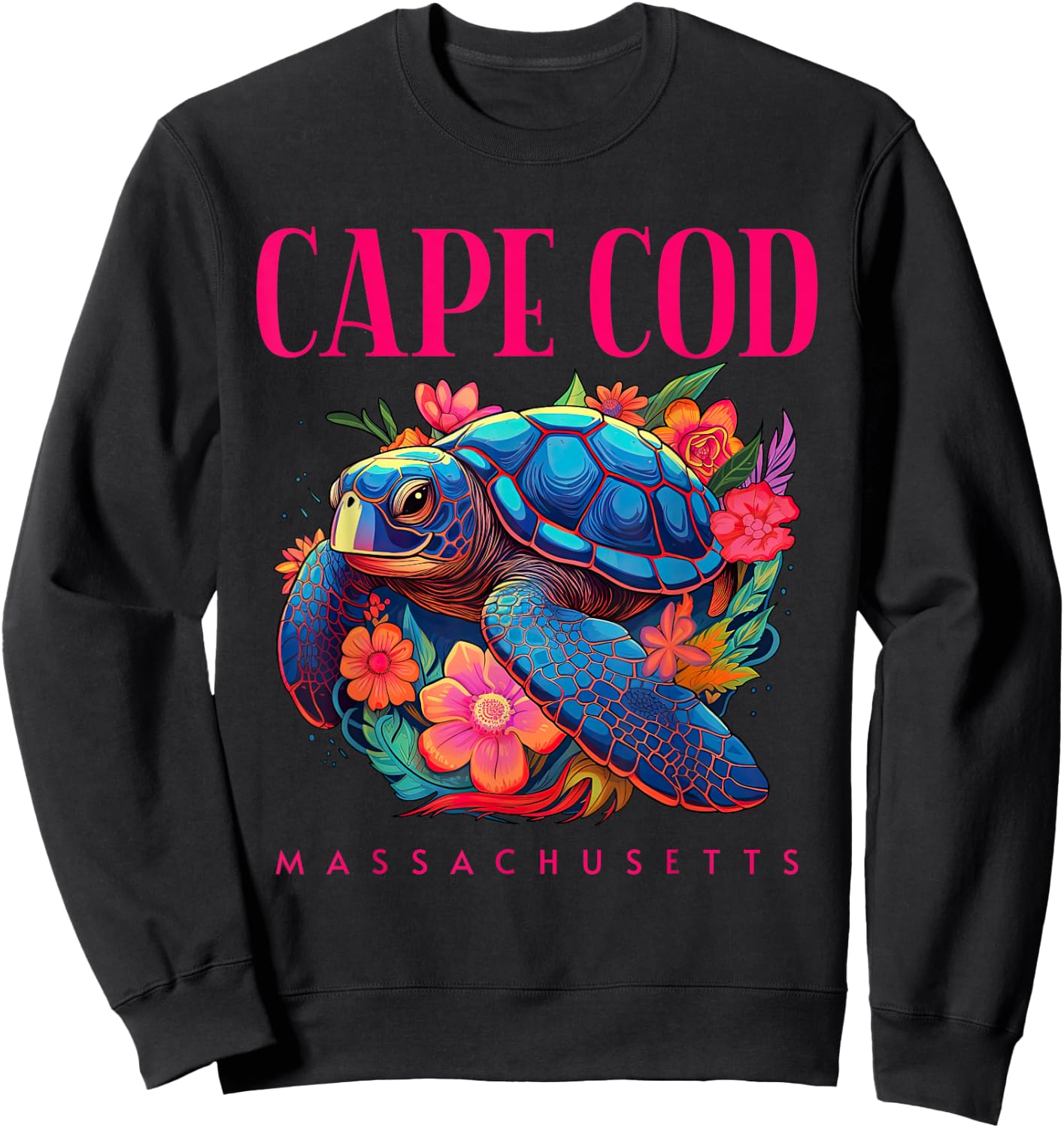 Cape Cod Massachusetts Floral Beach Turtle Souvenir Sweatshirt - Sweatshirt | Black