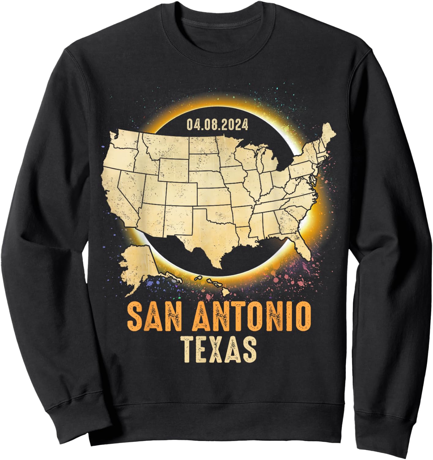 Total Solar Eclipse 2024 San Antonio Texas USA Map Colorful Sweatshirt - Sweatshirt | Black